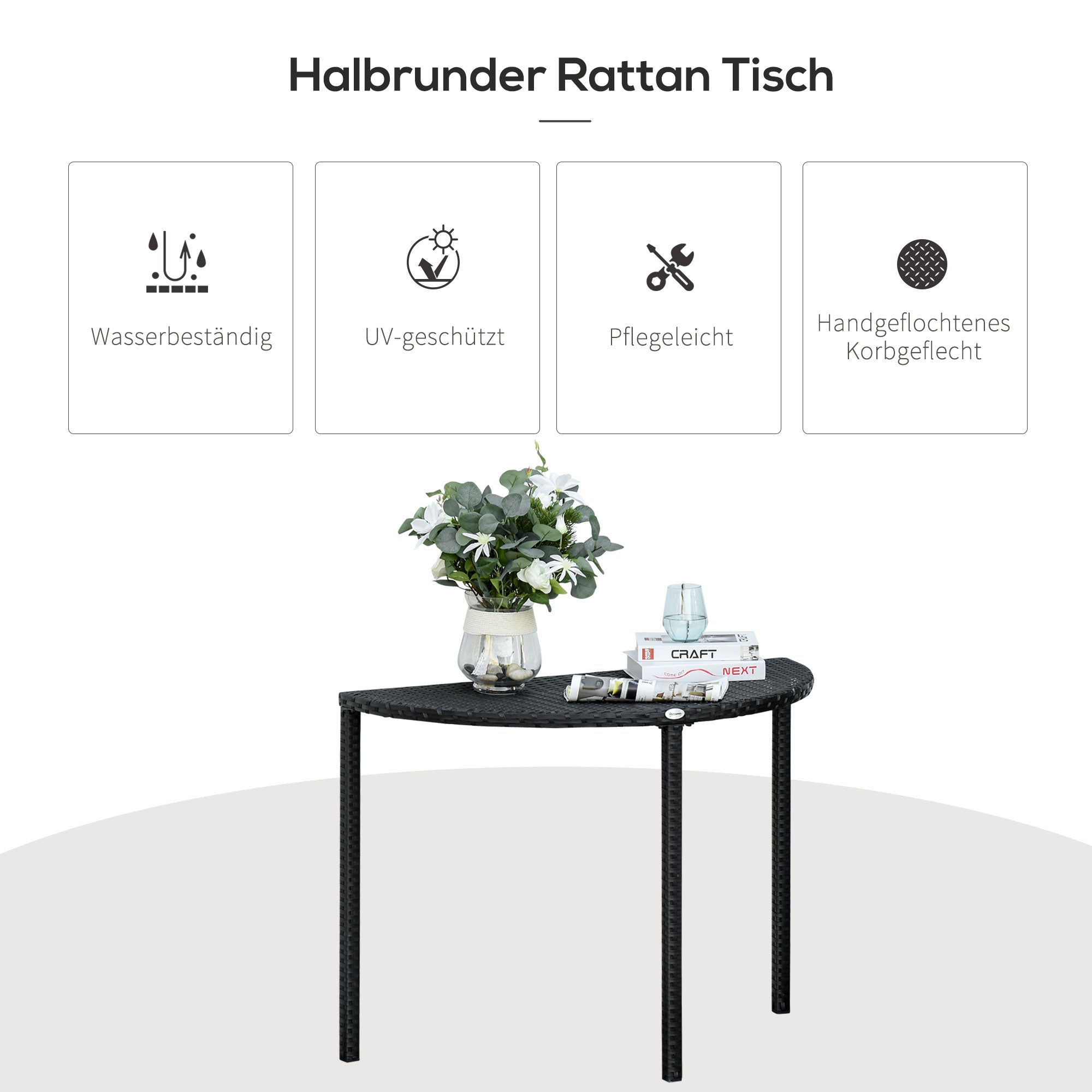 Semi-circular Balcony/Garden Side Table 100x50x74cm Polyrattan and Metal, Black