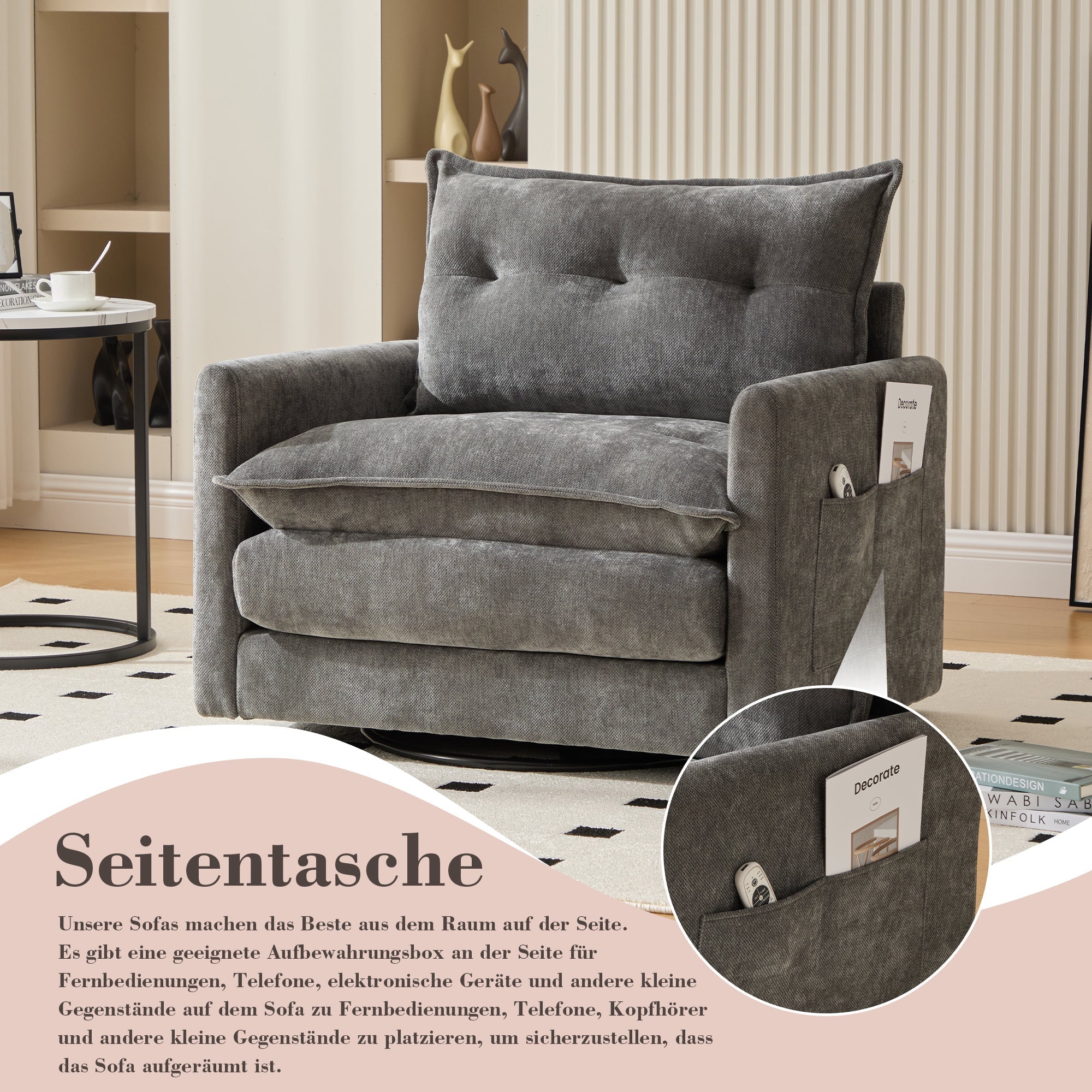 Lounge Chair, 360° Rotating Single Sofa with Armrests & Cushions, Modern Style