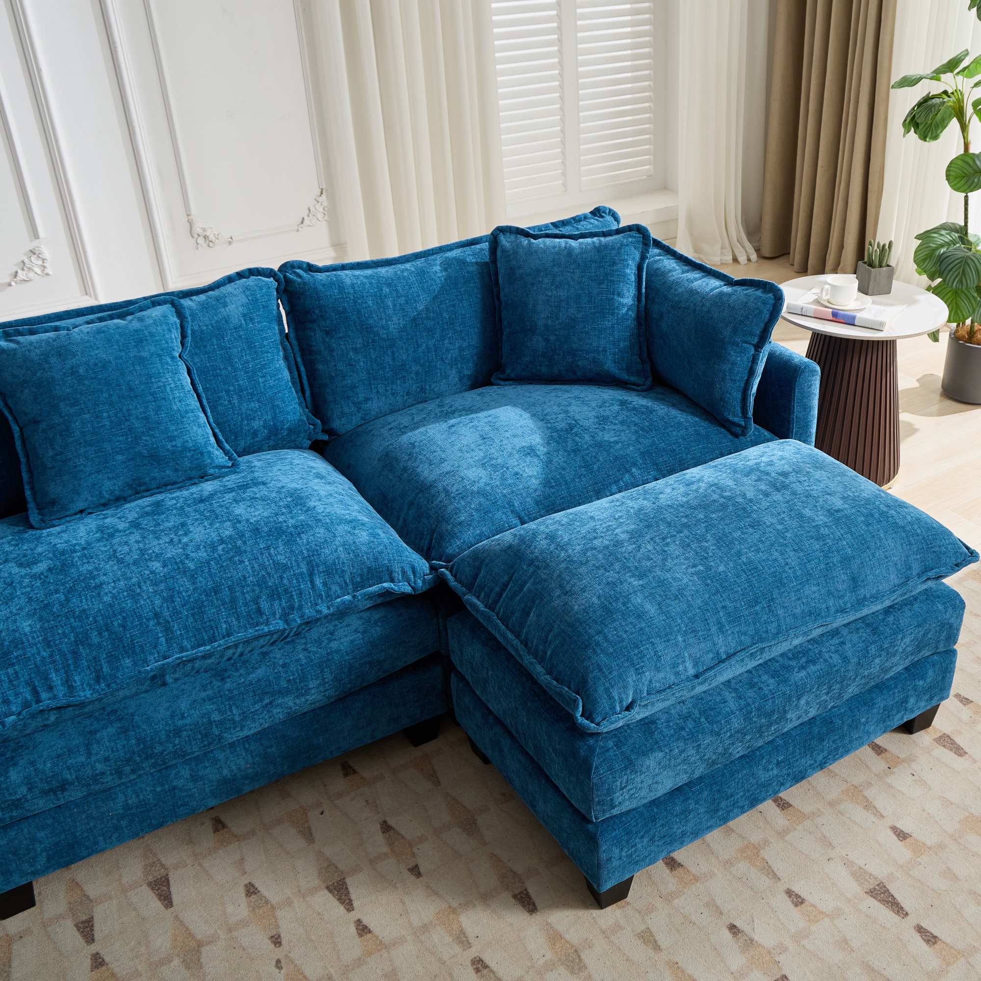Cloud Sofa 3 Seats Modern Sectional Couch with Double Layer Upholstered Cushion, Blue Chenille Fabric