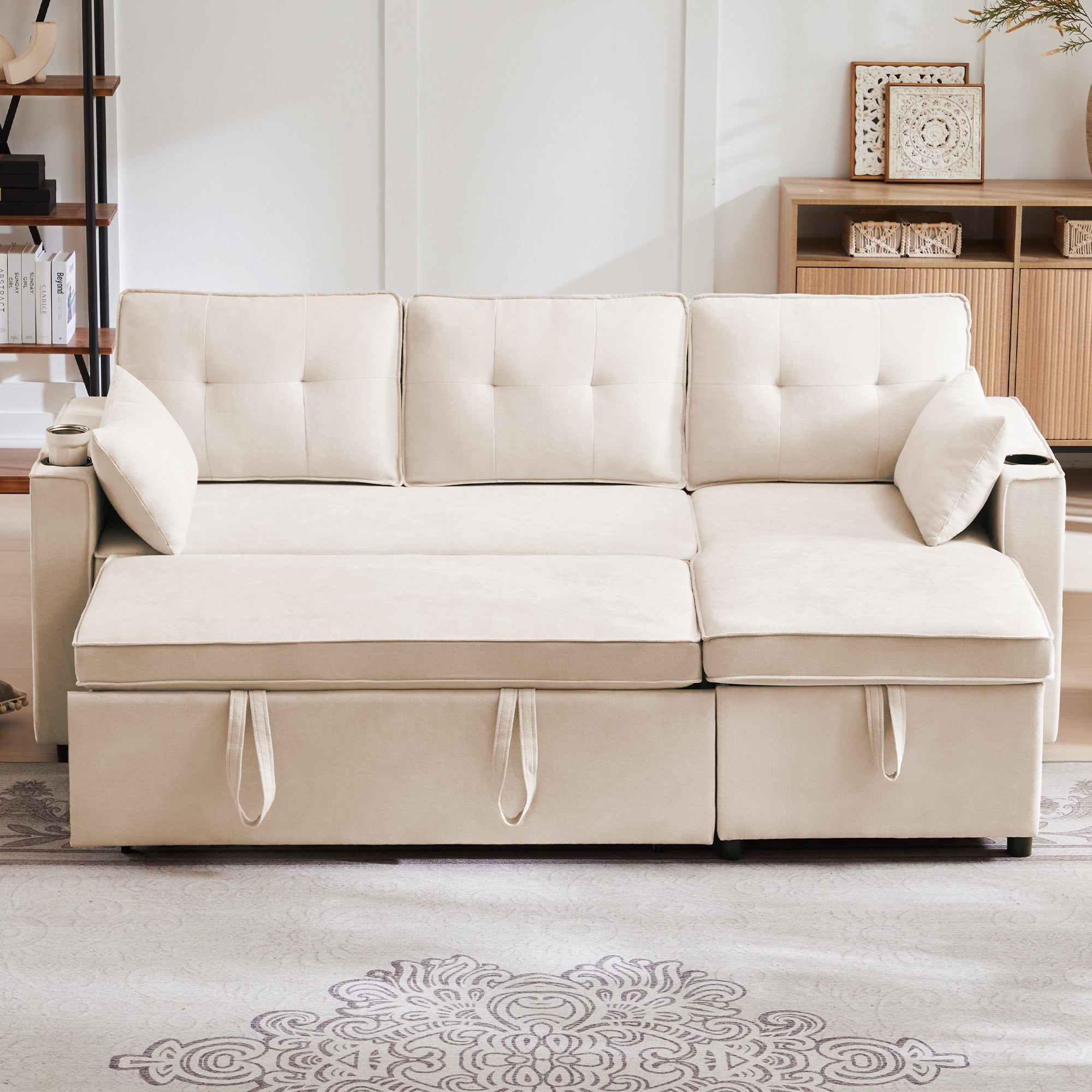 Sofa Bed L-Shaped Sleeping Function Storage Cup Holder Upholstered