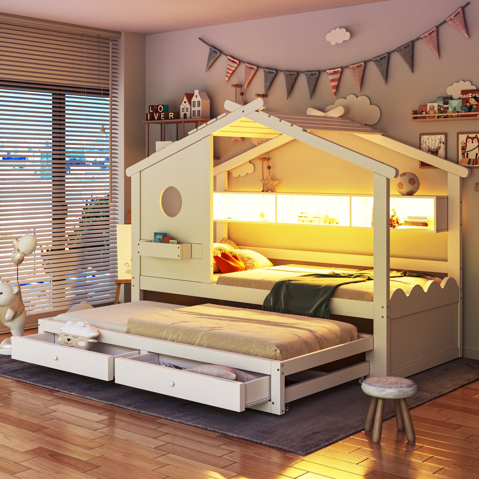 Multifunctional Children's Bed with House Design, Pull-out Bed, Drawers, Shelves, USB and LED, 90x200cm, White