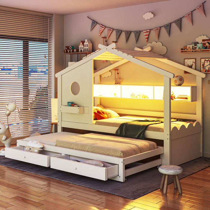 Multifunctional Children's Bed with House Design, Pull-out Bed, Drawers, Shelves, USB and LED, 90x200cm, White