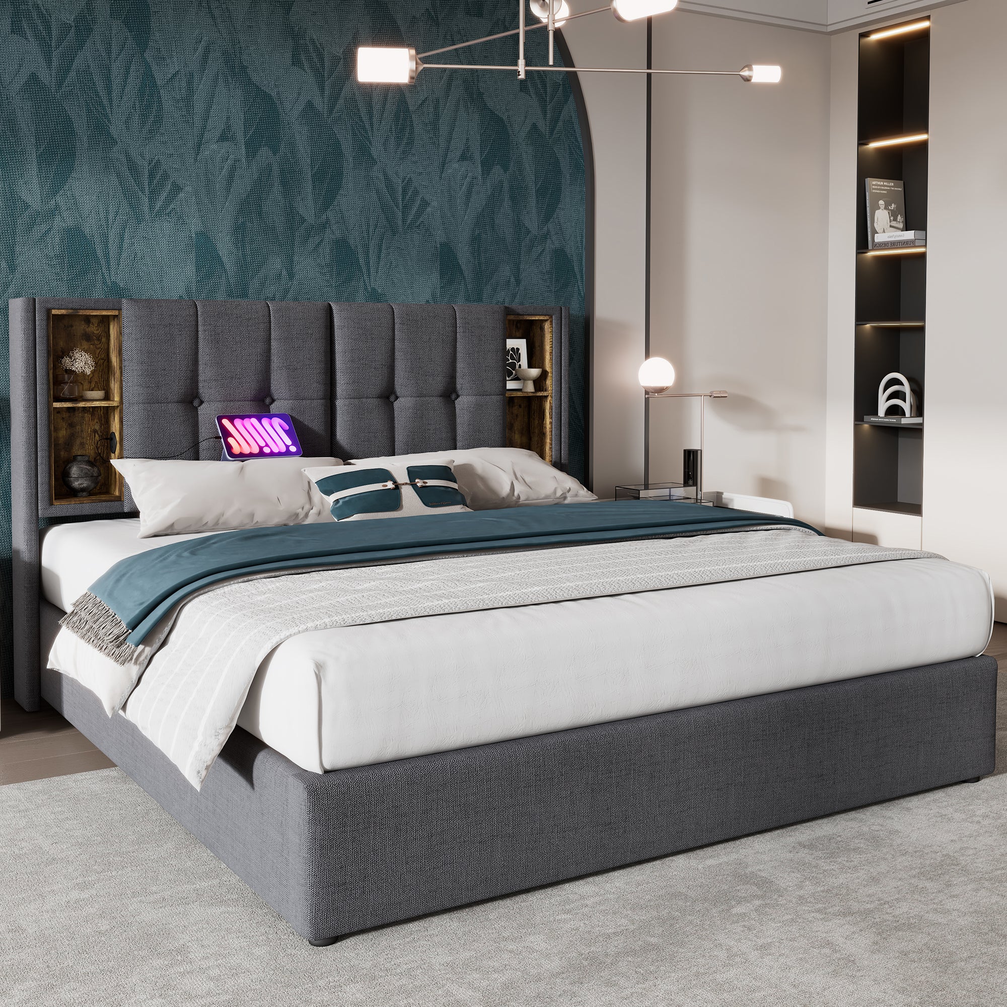 Double Bed with Wireless Charging & Storage, 160x200cm Upholstered, Grey Cotton
