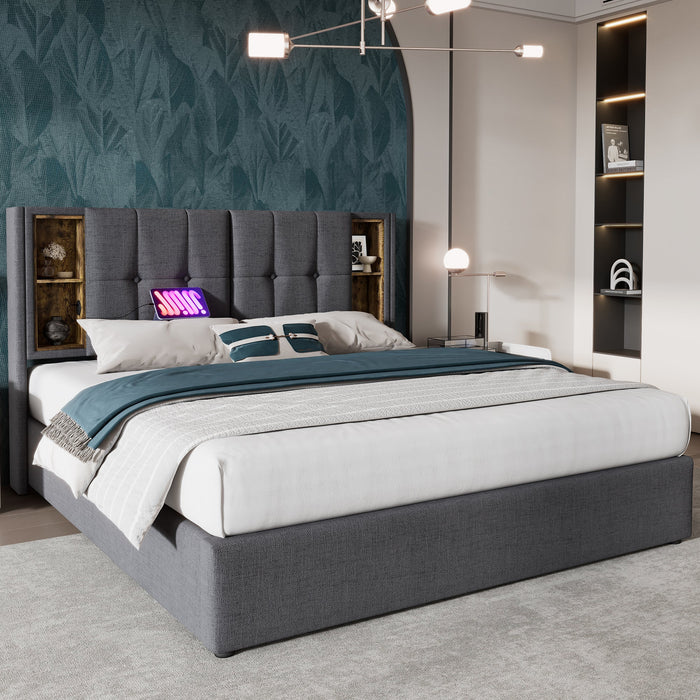 Double Bed with Wireless Charging, Storage, 140x200cm, Grey Cotton