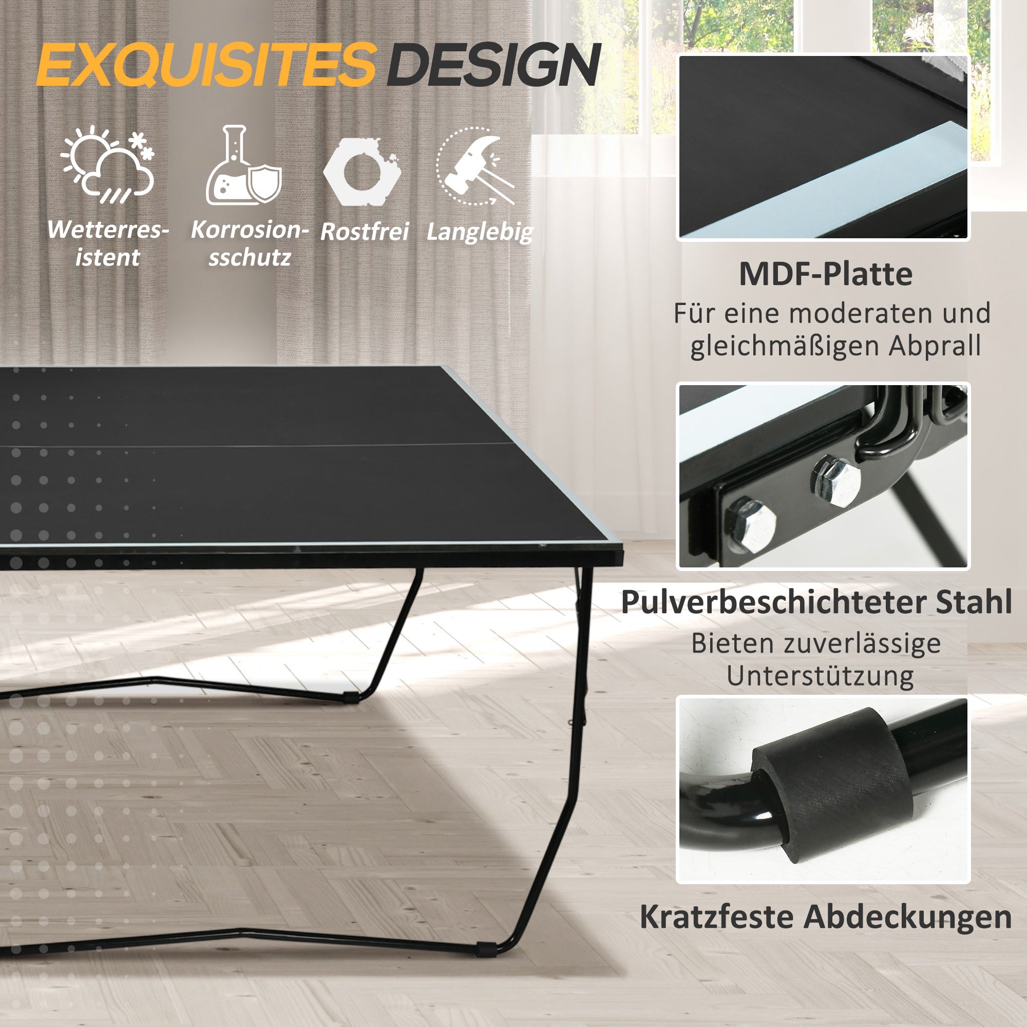 Outdoor Tischtennistisch, klappbar, mit Netz und Rollen, Stahl Schwarz