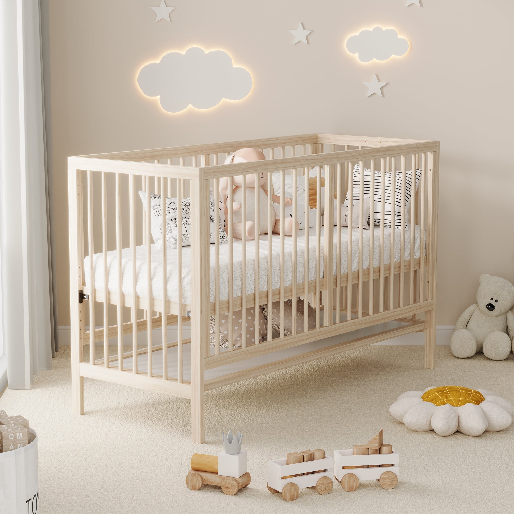 Wooden Baby Bed, Multifunctional Convertible Side Bed/Desk, Spruce, Natural Color