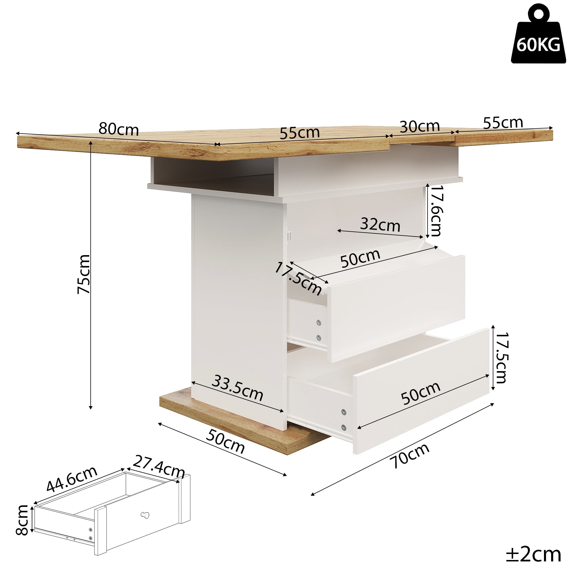 Extendable Telescopic Dining Table with Three Shelves for 4-6 People, White