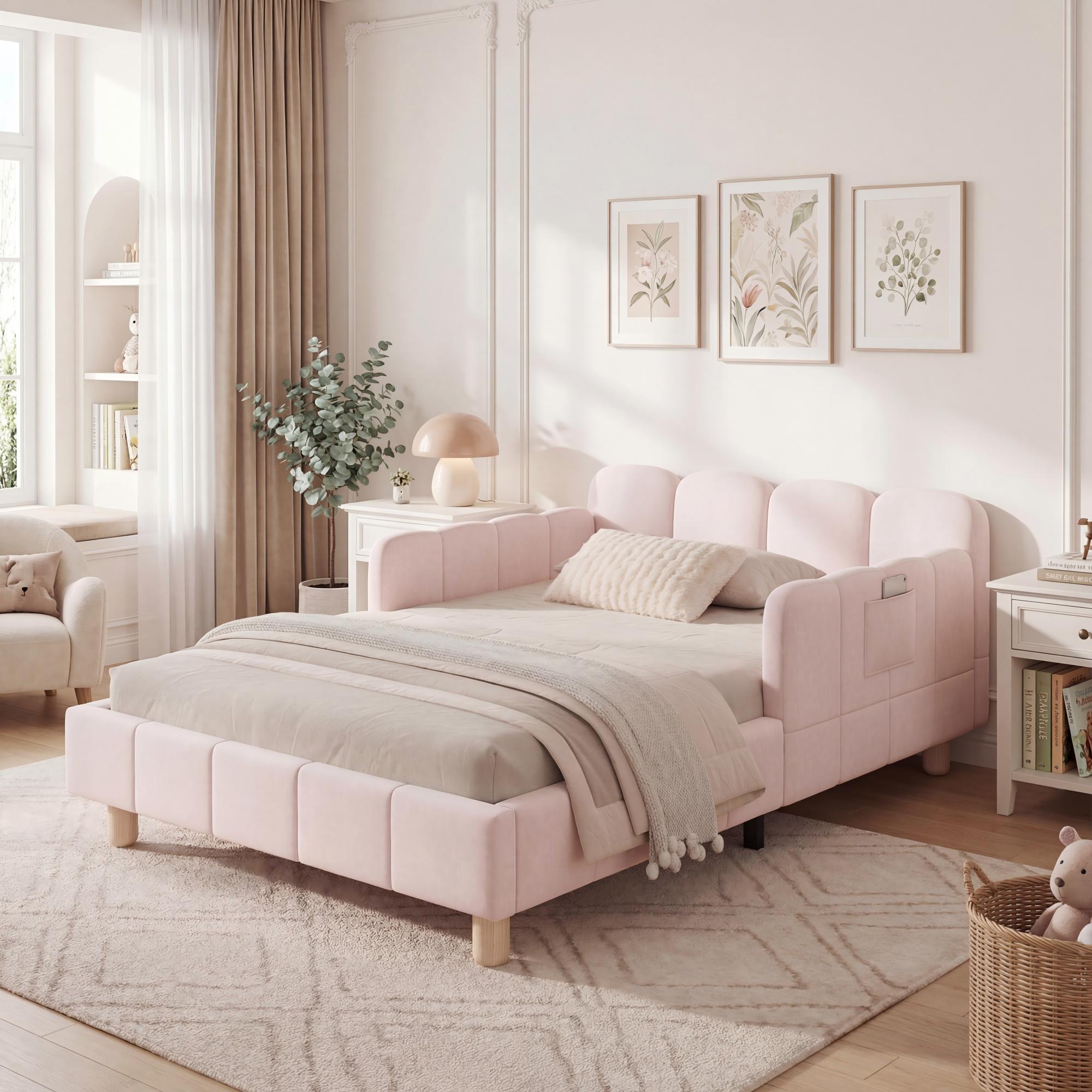 Upholstered Children's Single Bed with Headboard and Safety Rail, 90x200cm, Pink Velvet