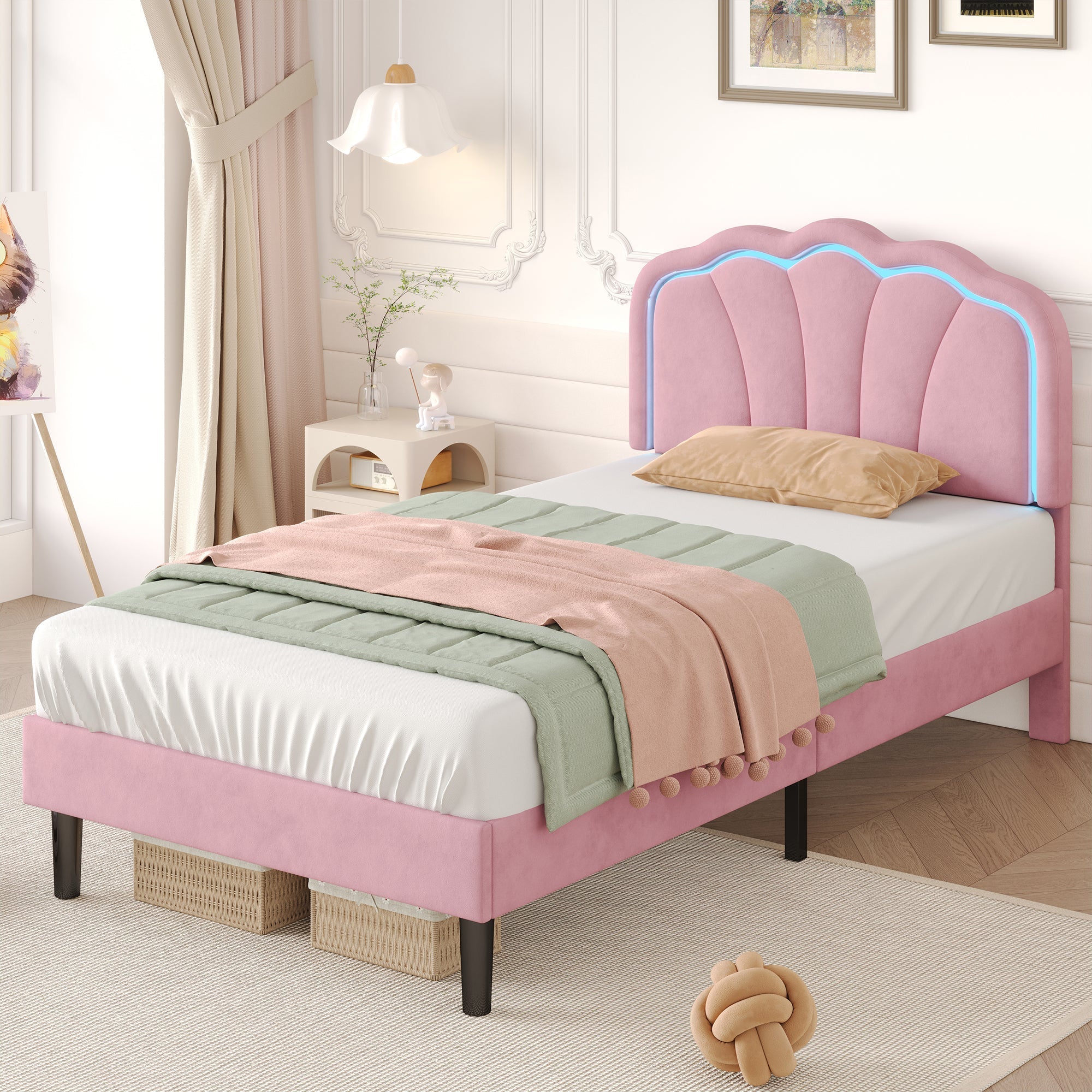3ft Single Upholstered Bed with LED Adjustable Shell Shape Headboard, Soft Velvet, Pink