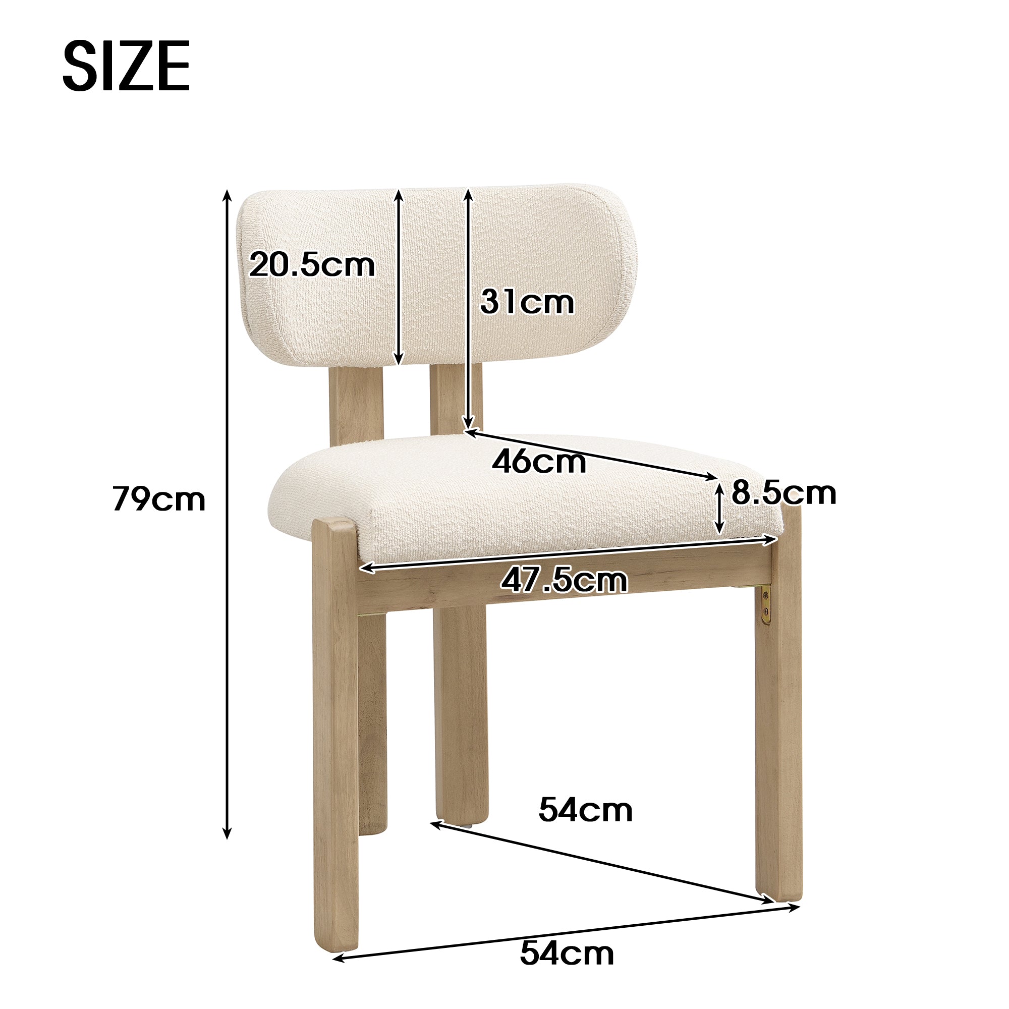 Set of 2 Solid Wood Dining Chairs Modern Bouclé Natural