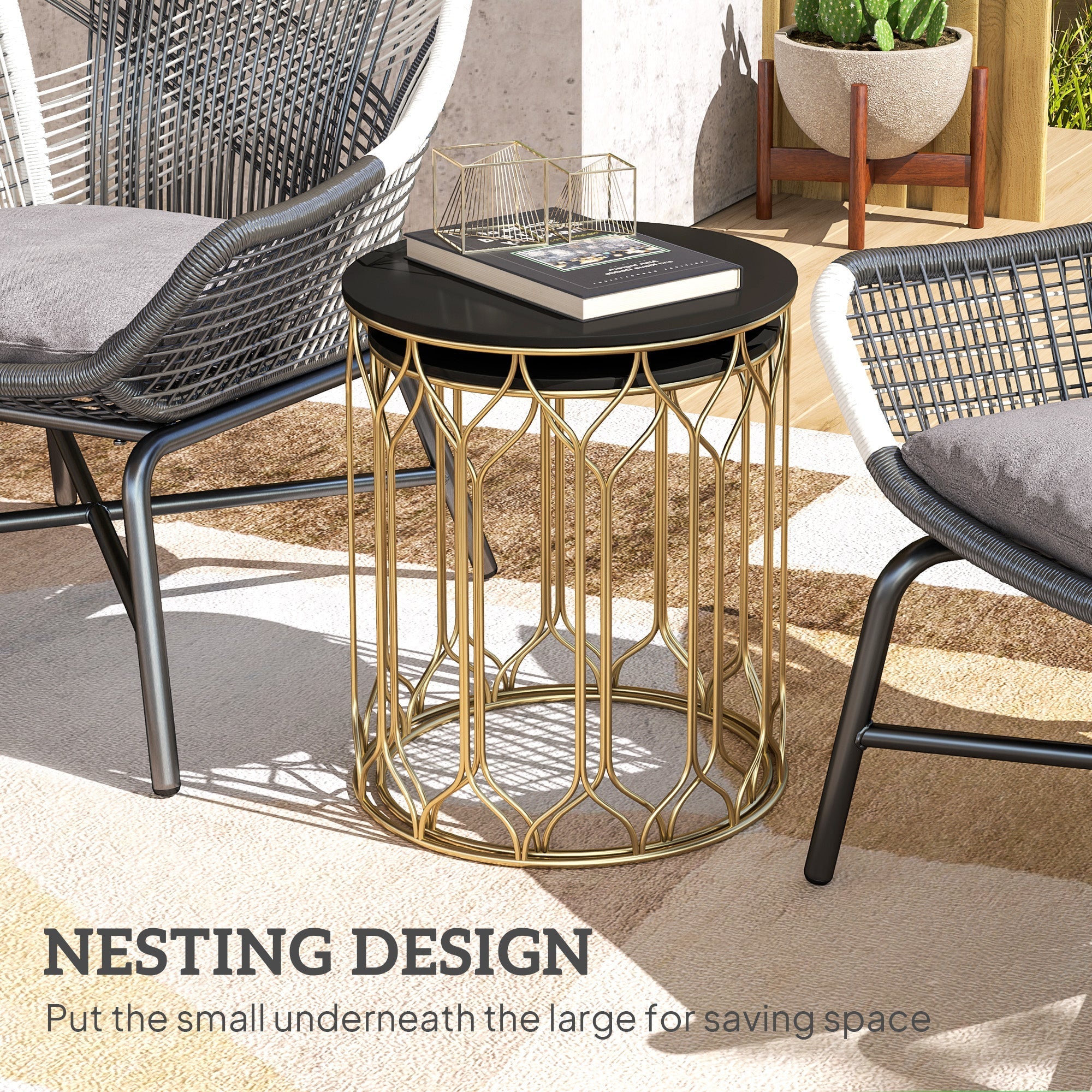 Round Coffee Table Set of 2, Modern Nesting Tables with Ceramic Tile Top and Metal Frame, Black
