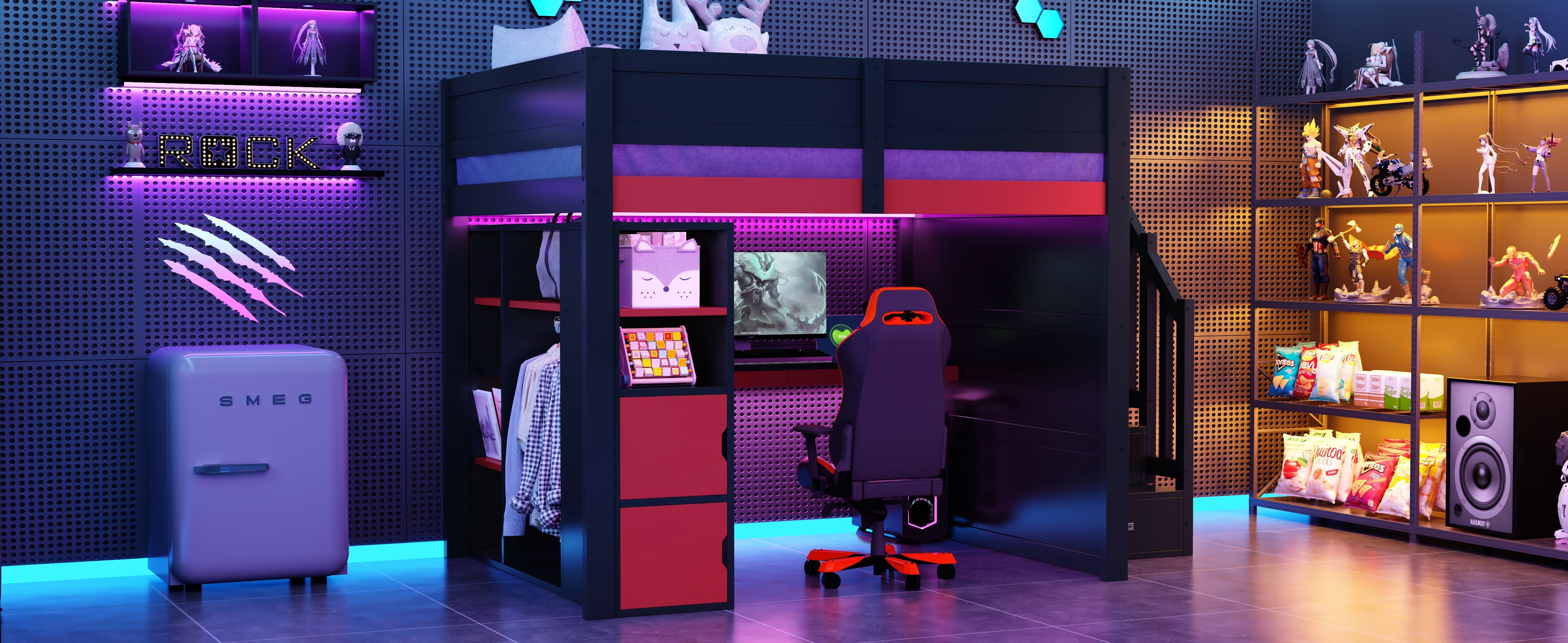 Gaming Wooden Loft Bed with Desk, Multi-Tier Storage, LED Lighting, USB Port and Staircase, Black and Red