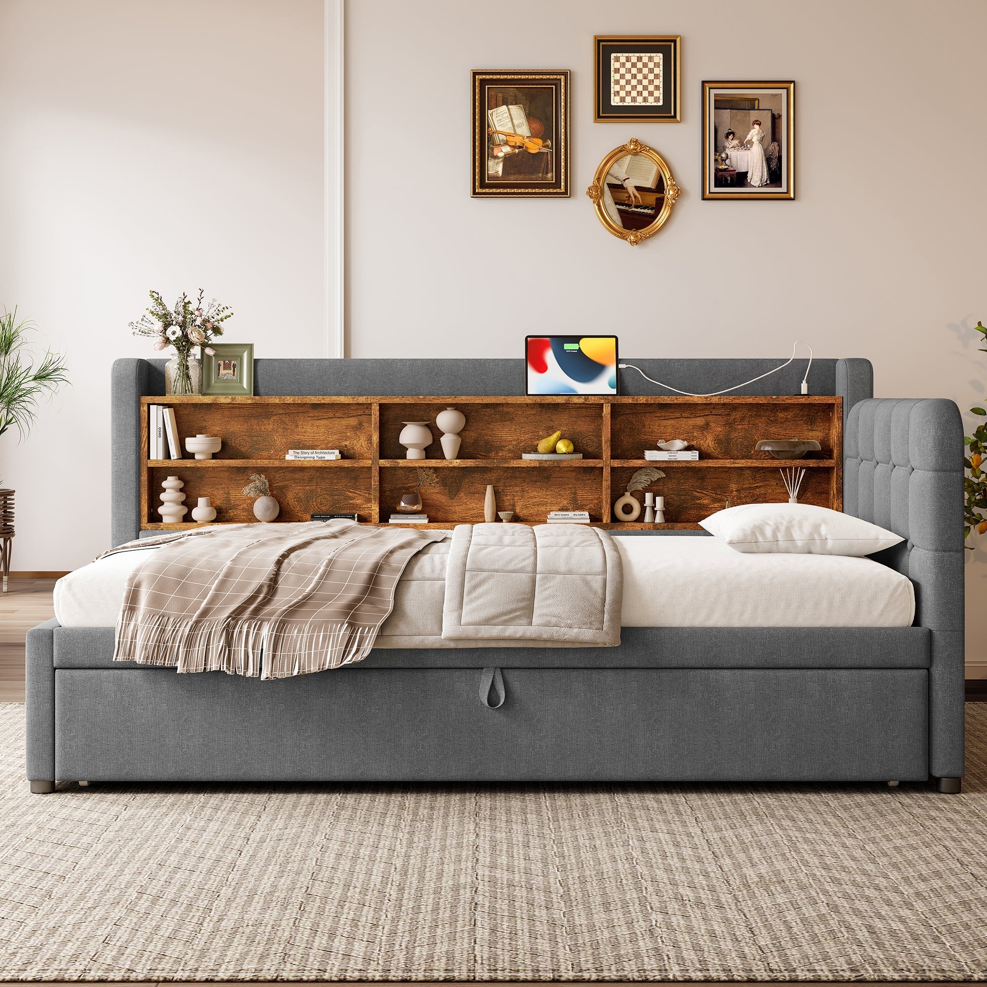 Daybed Sofa Bed 90x200cm Pull-out Storage USB/Type-C - Linen Grey