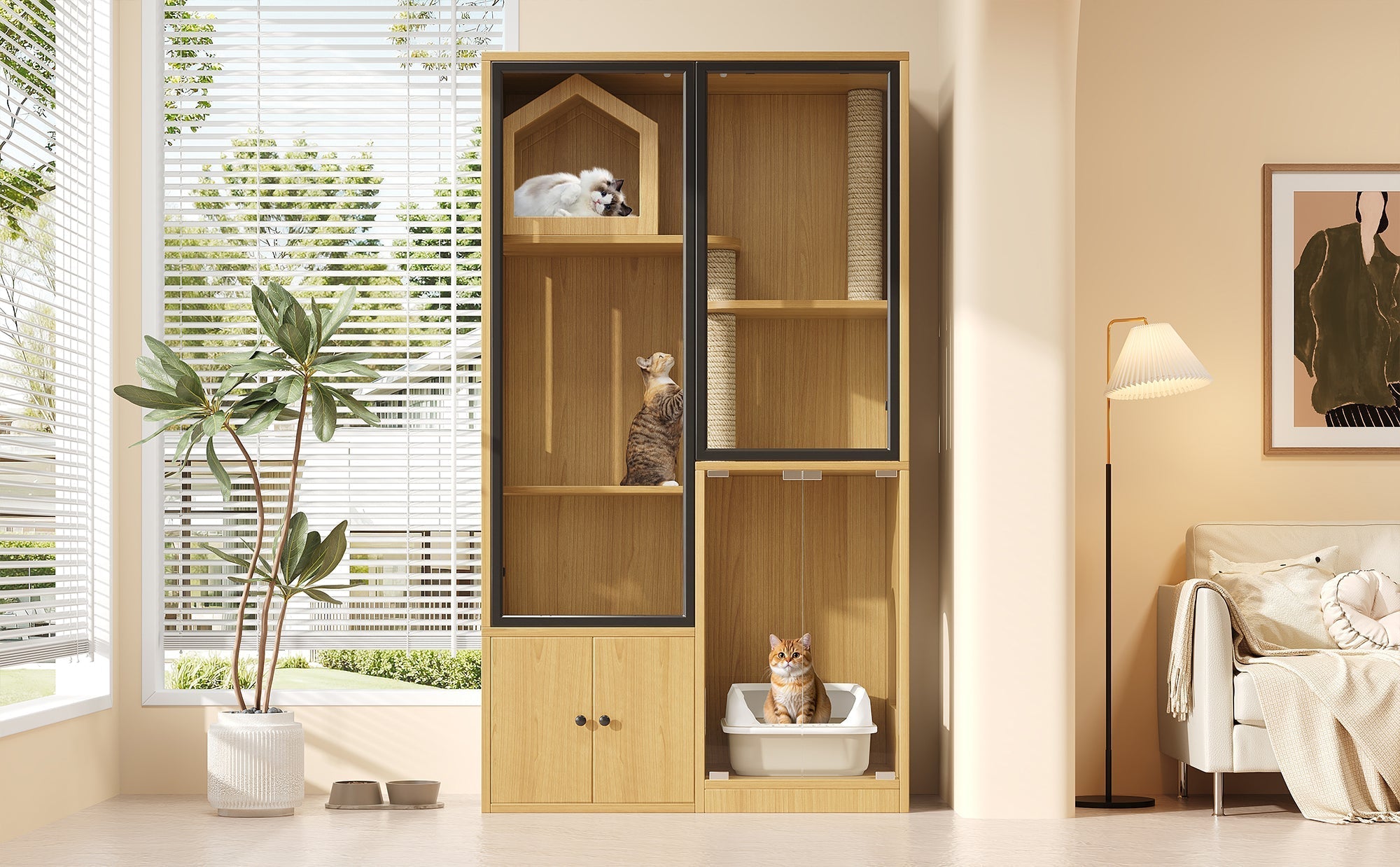 Cat House 4-Story Glass 90x50x160cm with Scratching Post - Yellow Maple Wood
