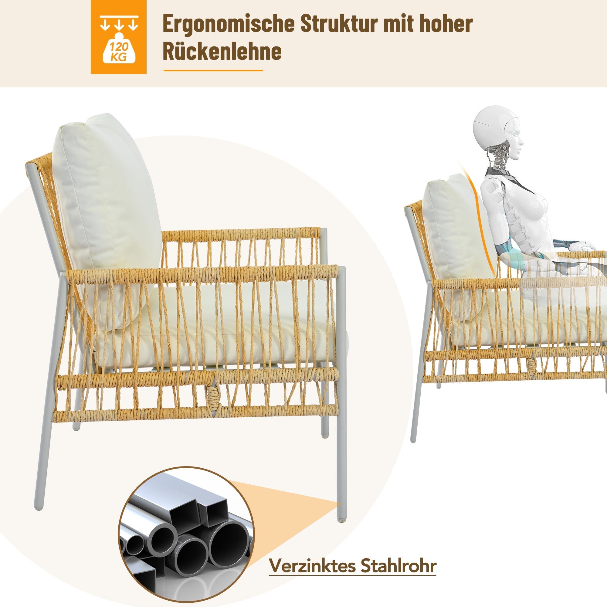 Garden Furniture Set 7-Seater Rattan Coffee Table Washable Cushions - Beige
