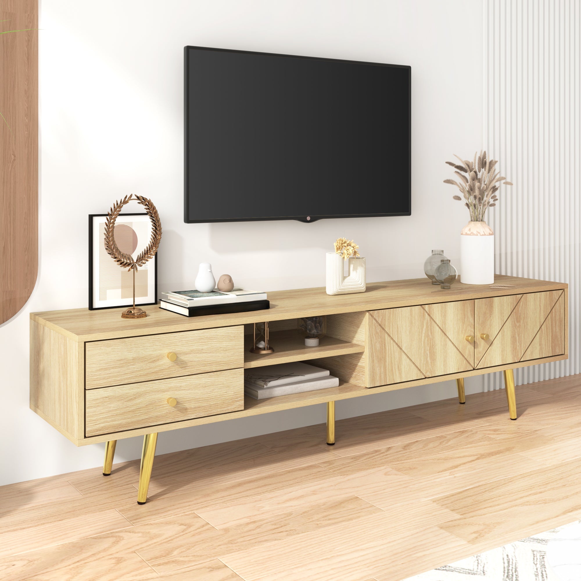 TV Cabinet 160cm, Gold Feet, Two Drawers, Unique Doors