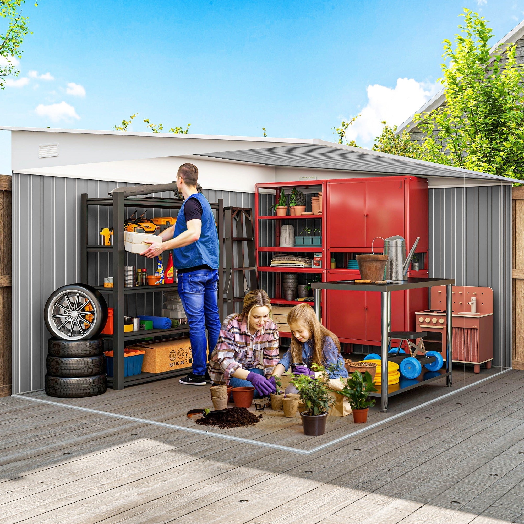 Garden Metal Storage Shed Double Sliding Doors 2 Air Vents 11.3x9.2ft Green