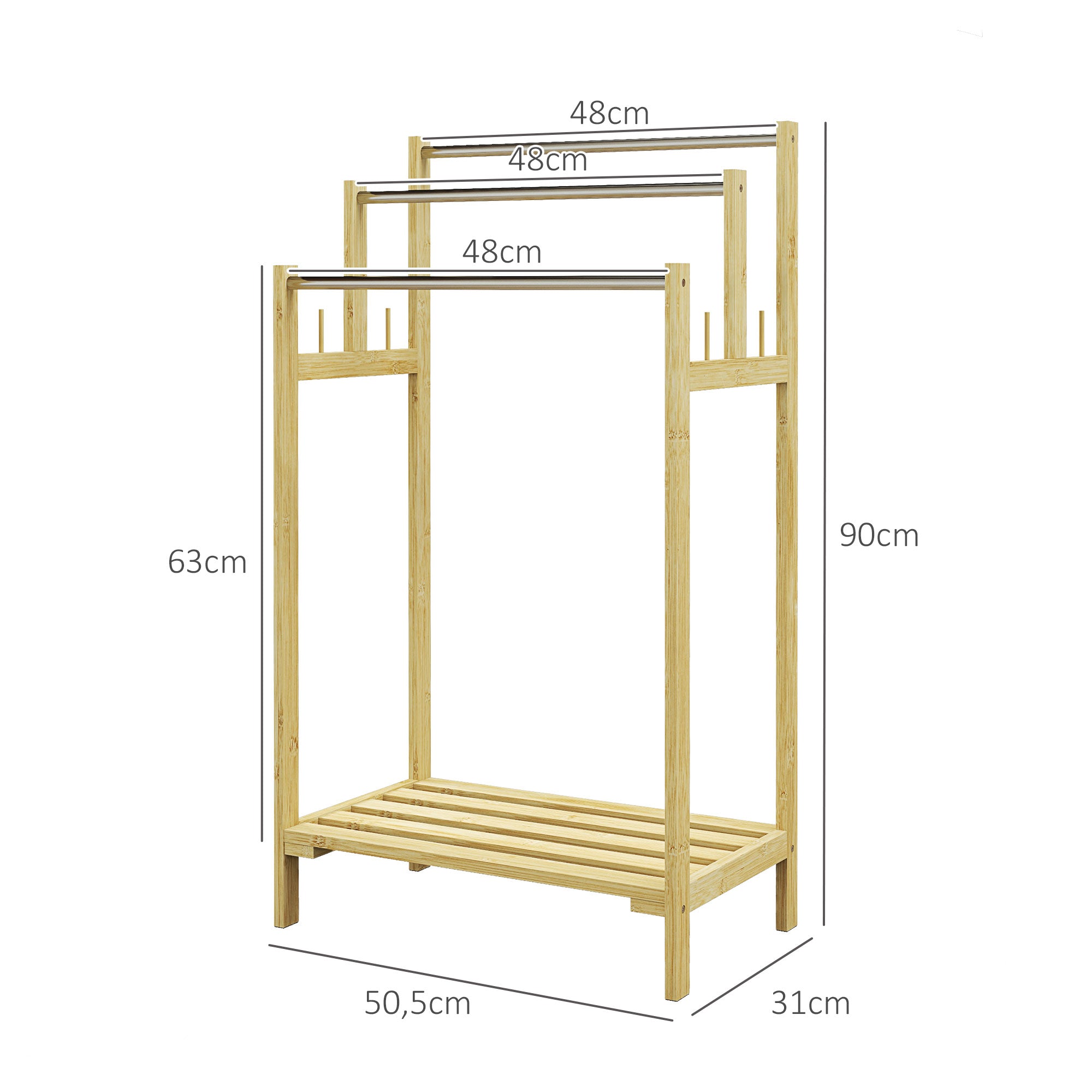 Freestanding Towel Rack Stand with 4 Hooks 3 Bars for Bathroom, Bamboo Natural