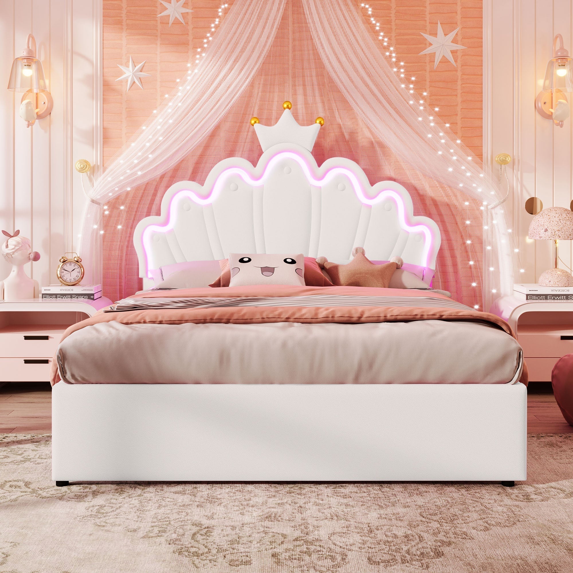 Upholstered Bed 140x200cm Crown Design Ambient Light 2 Drawers Adjustable Headboard - White PU