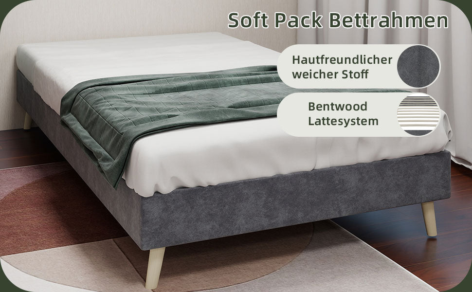 Modernes minimalistisches Bettgestell, niedrige Basis 90x200 cm, grauer holländischer Samtstoff