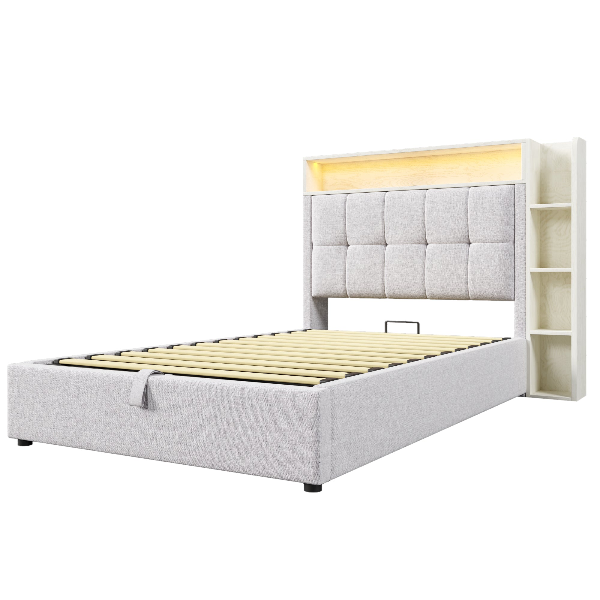 Upholstered Bed 90x200cm Multifunctional Storage LED USB/Type-C App Control - Linen Beige