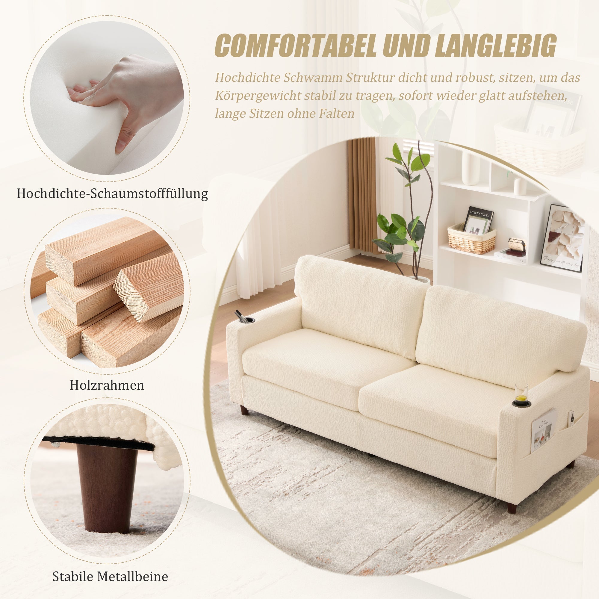 Modern 2-Seater Sofa with USB-C, LED Light, Cupholders, Chenille Beige