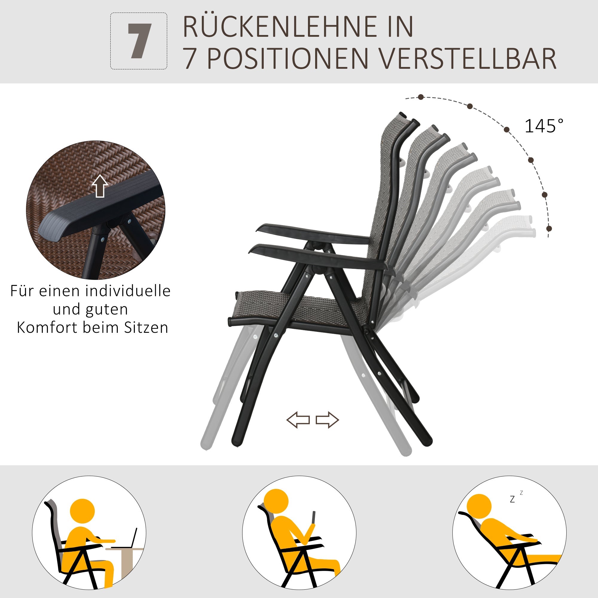 Polyrattan Folding Chair Adjustable Backrest Armrests Garden 7-Position