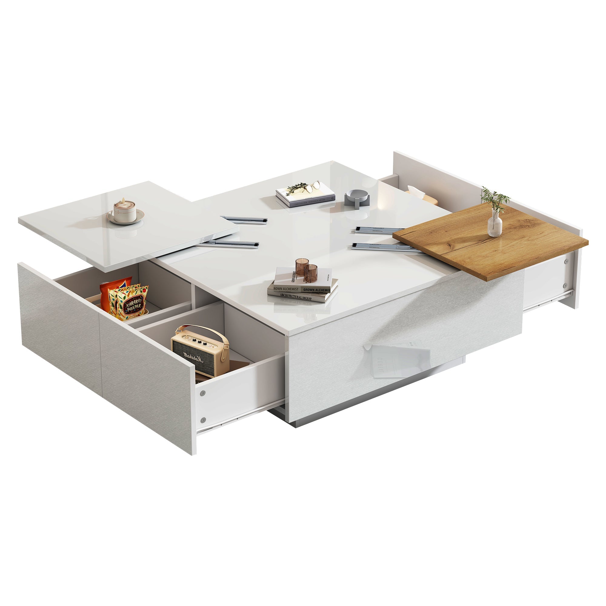 Coffee Table, Square with Storage & Sliding Tabletop, High-Gloss White Wood
