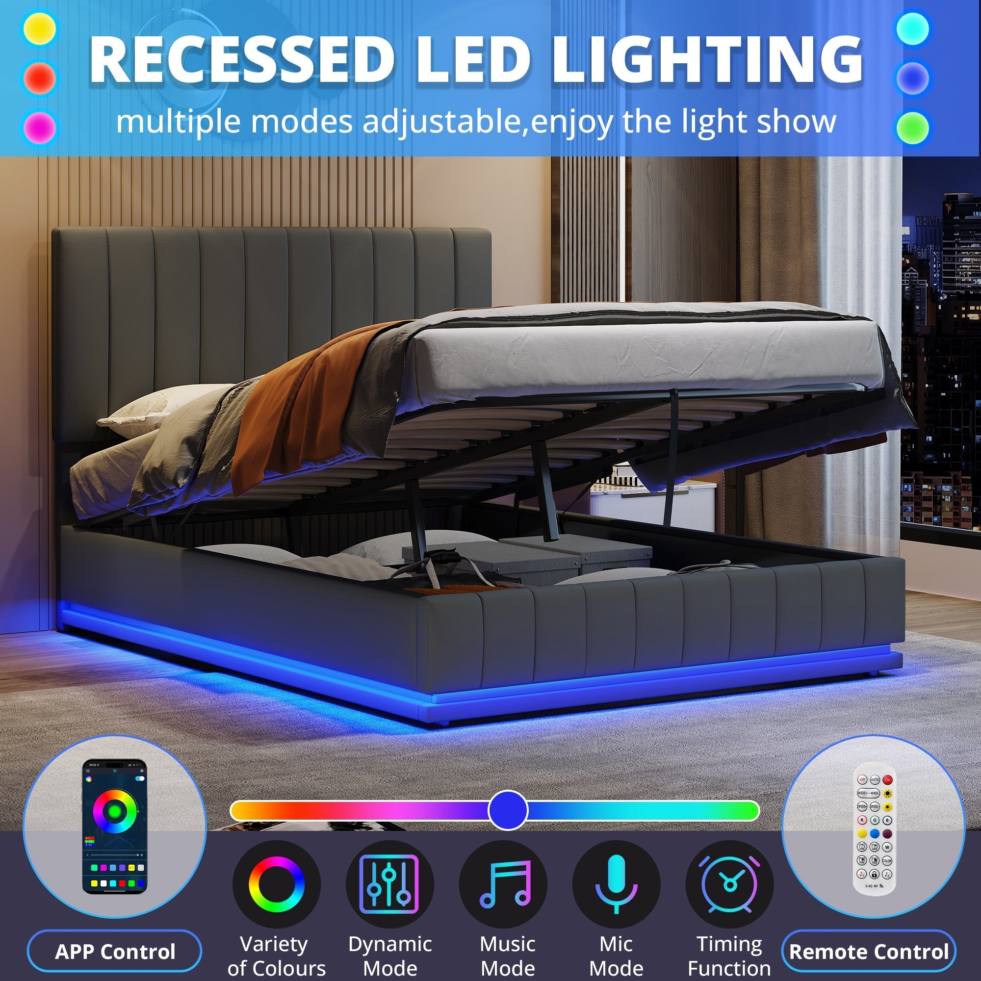 Ottoman King Bed with LED Lighting, Hydraulic Storage, and Adjustable Channel Tufted Headboard, Grey PU Leather