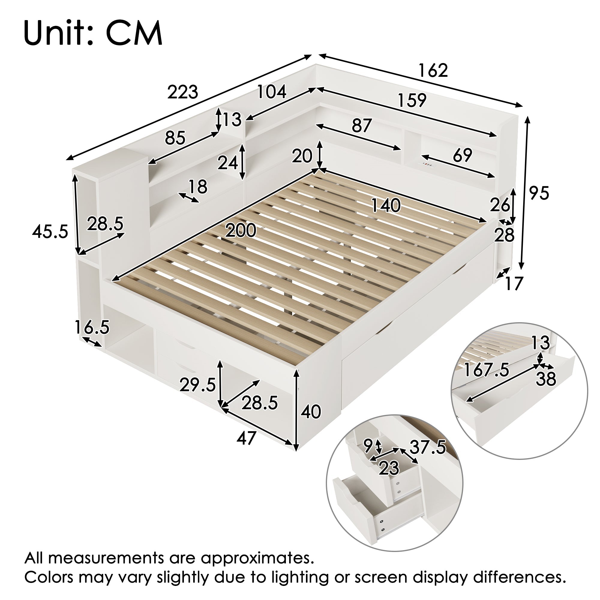 Daybed with LED, Charging Station and Storage, 140x200cm, White Wood-based Material