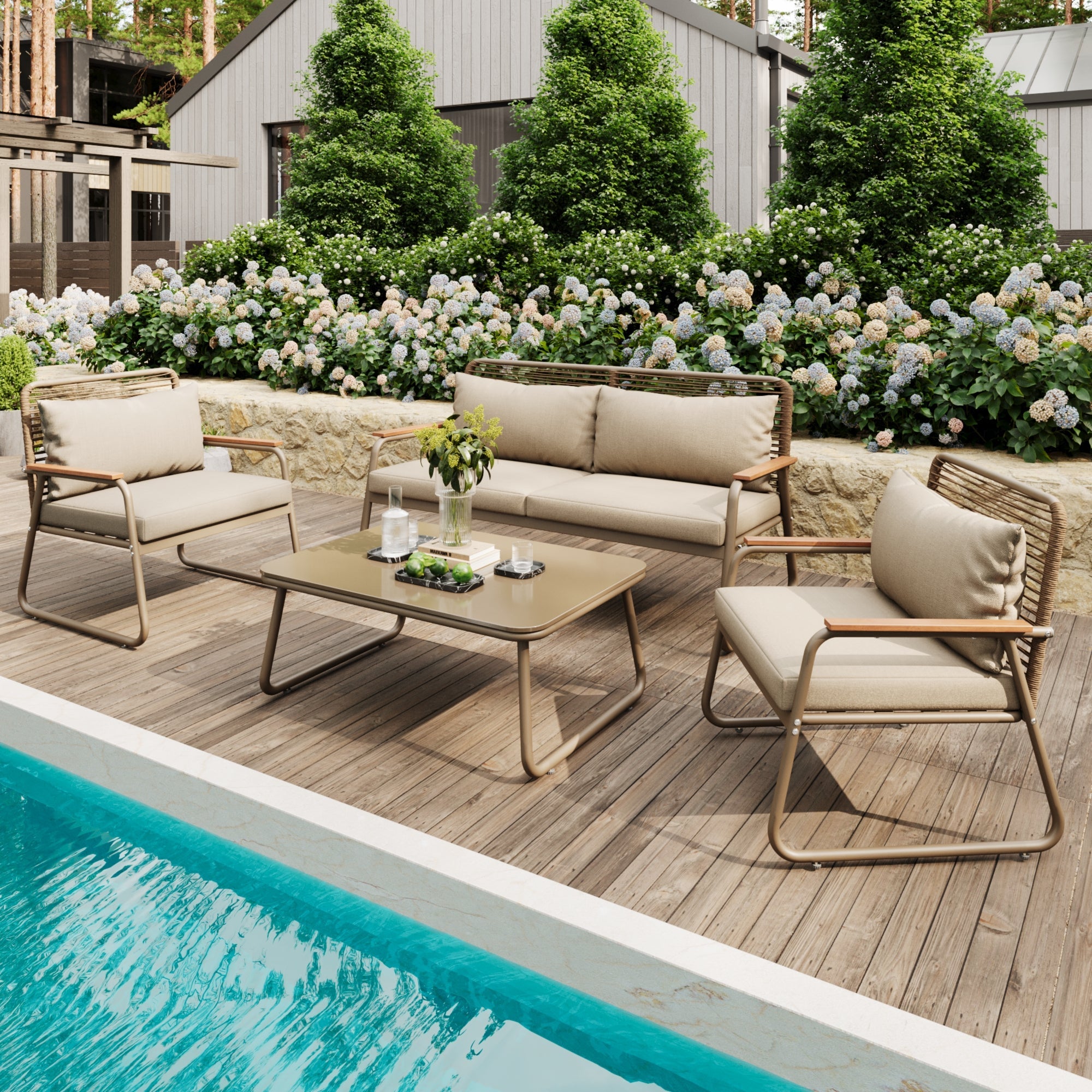 Garden Lounge Set 4 Person Sofa Table Adjustable Legs Tempered Glass - Beige