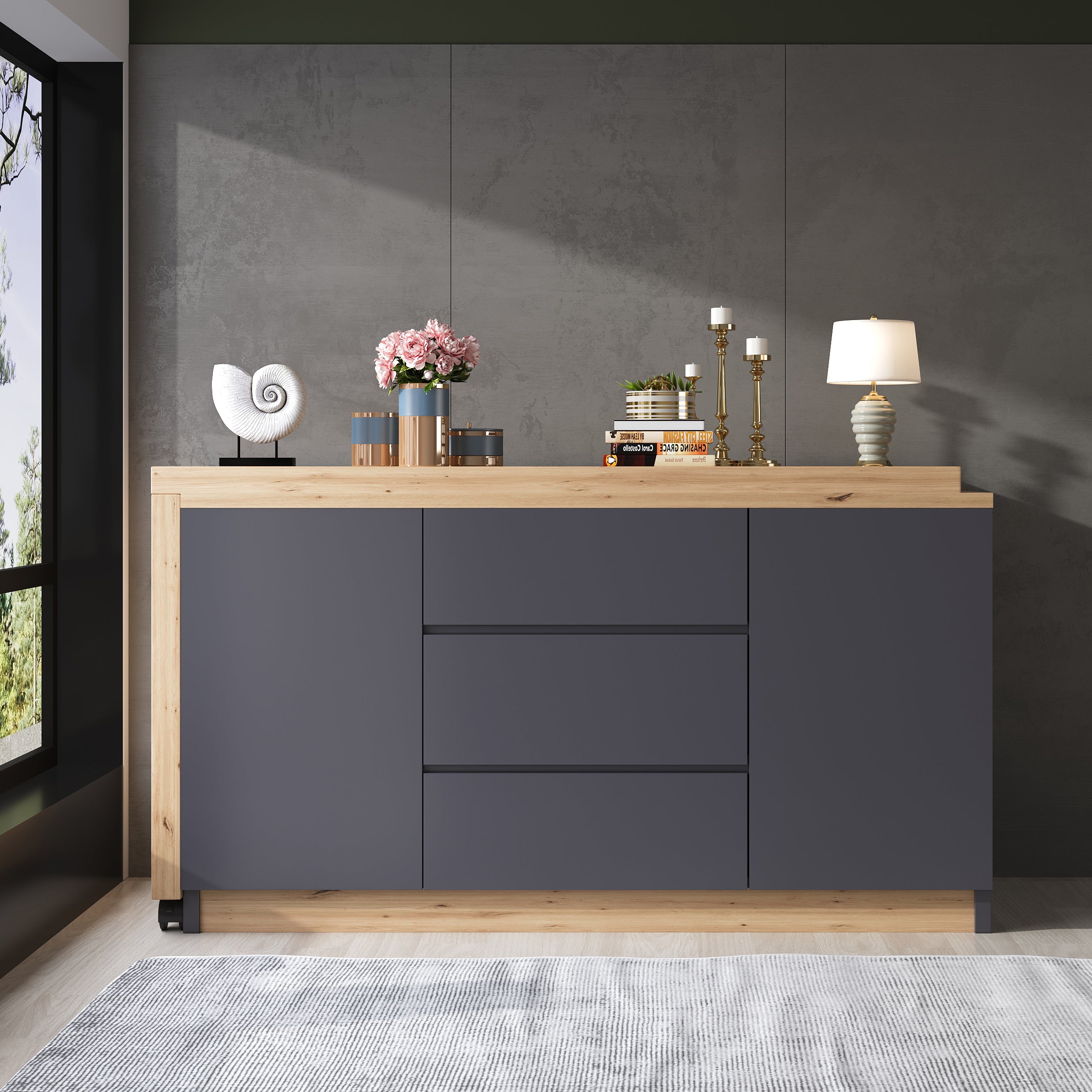 Desk Multifunctional Rotating Foldable Corner Sideboard with Lockable Casters, Grey/Oak