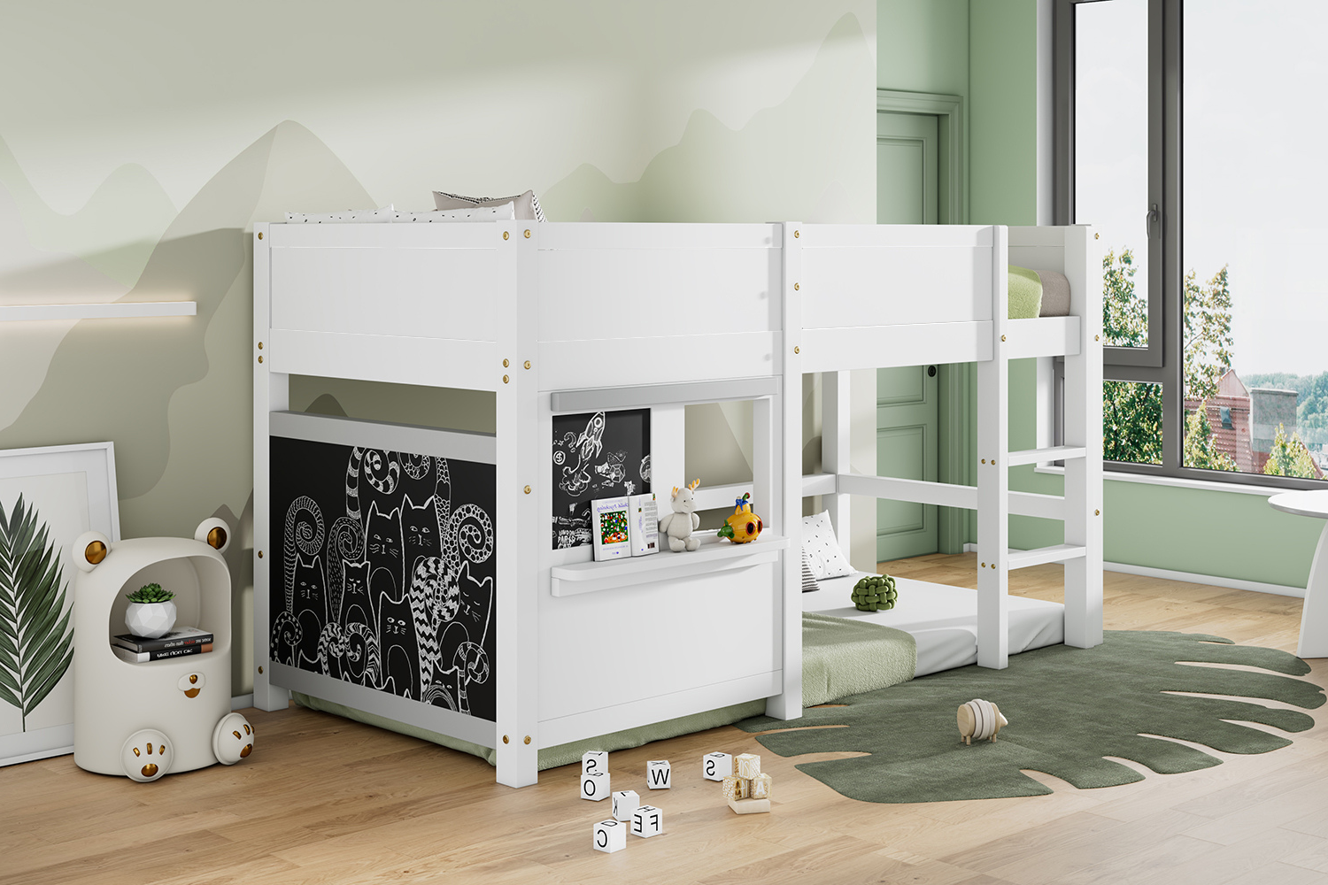 Household Bunk Bed with Two Boards & Small Shelf, 90x190cm, White