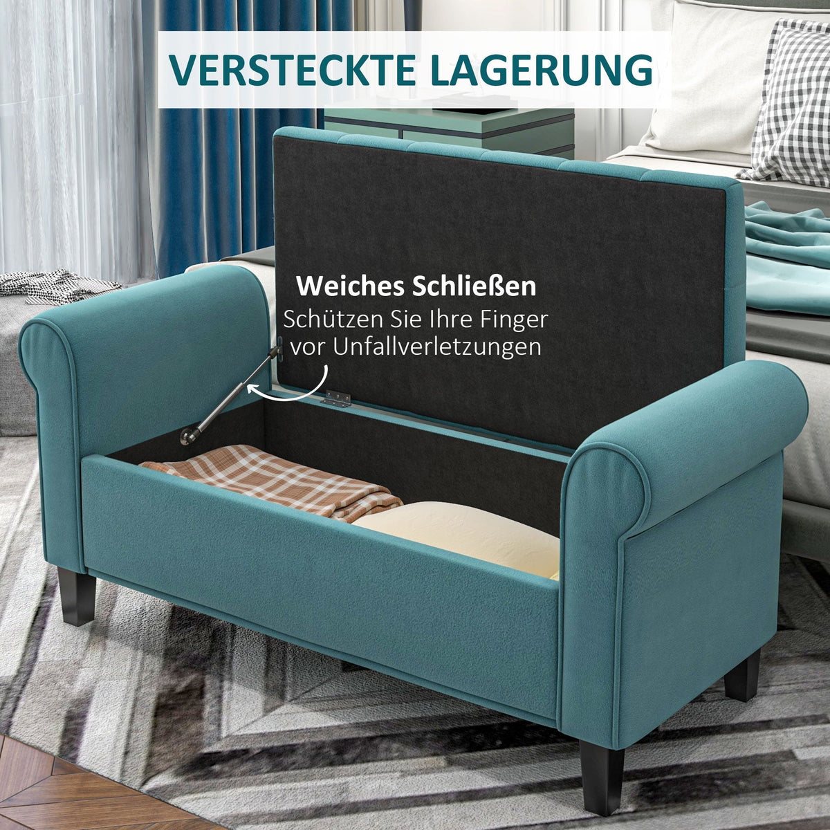 Upholstered Bench with Storage, 120 kg Load Capacity, 126x48.5x47 cm, Green Velvet Look