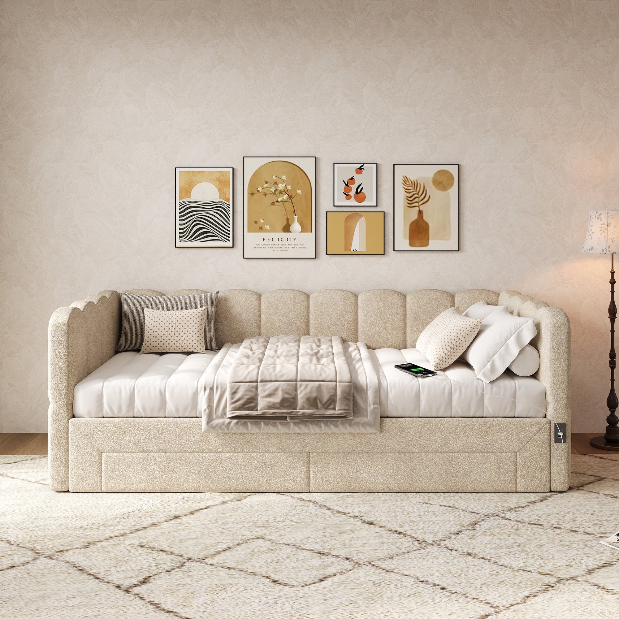 Upholstered Daybed with 2 Storage Drawers, USB Port, Extendable 90x190 to 180 cm, Beige Chenille
