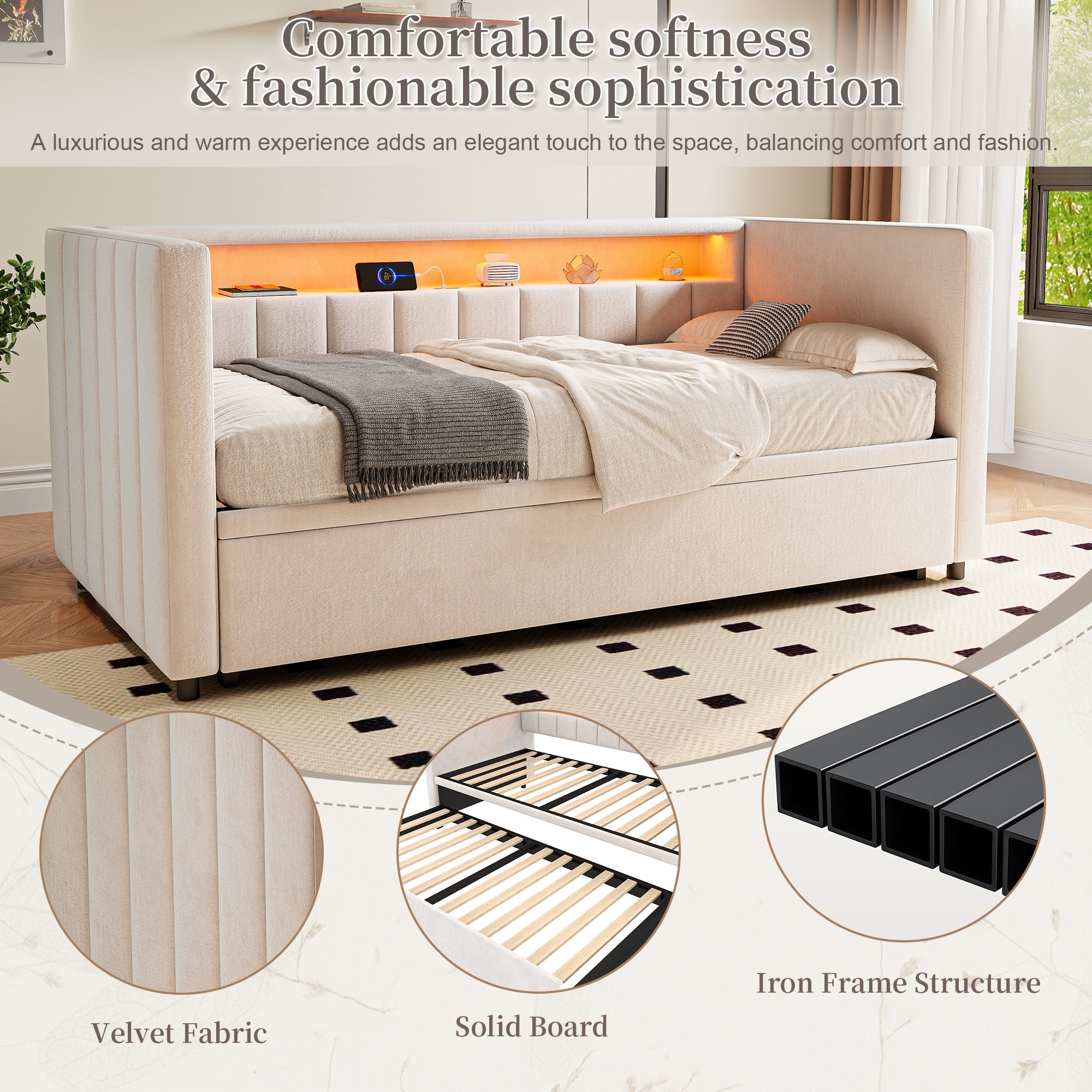 Multifunctional Sleeper Sofa, Pull-Out Bed, USB, LED, & Storage, Velvet Upholstery Beige