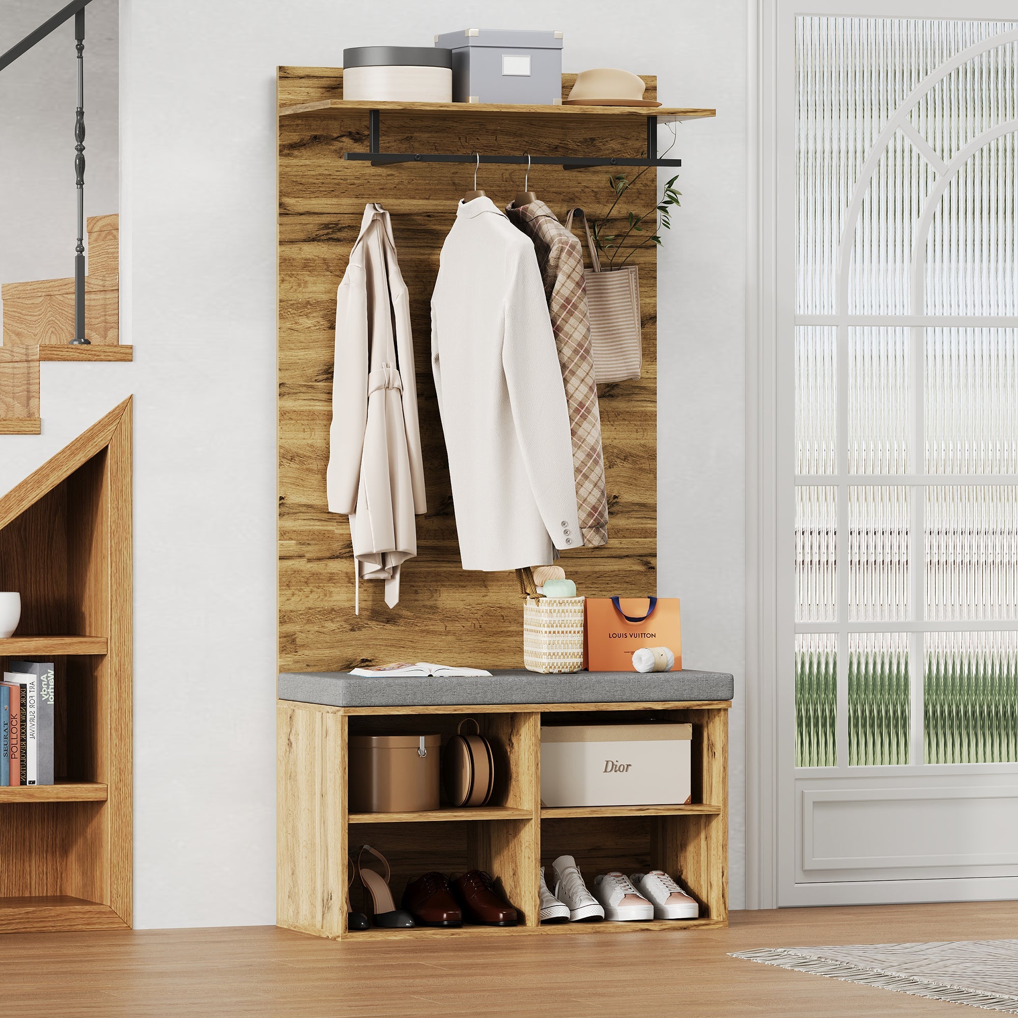 Wardrobe Set with Shoe Bench, Adjustable Shelf & Clothes Rail, 175cm High, Wood Look