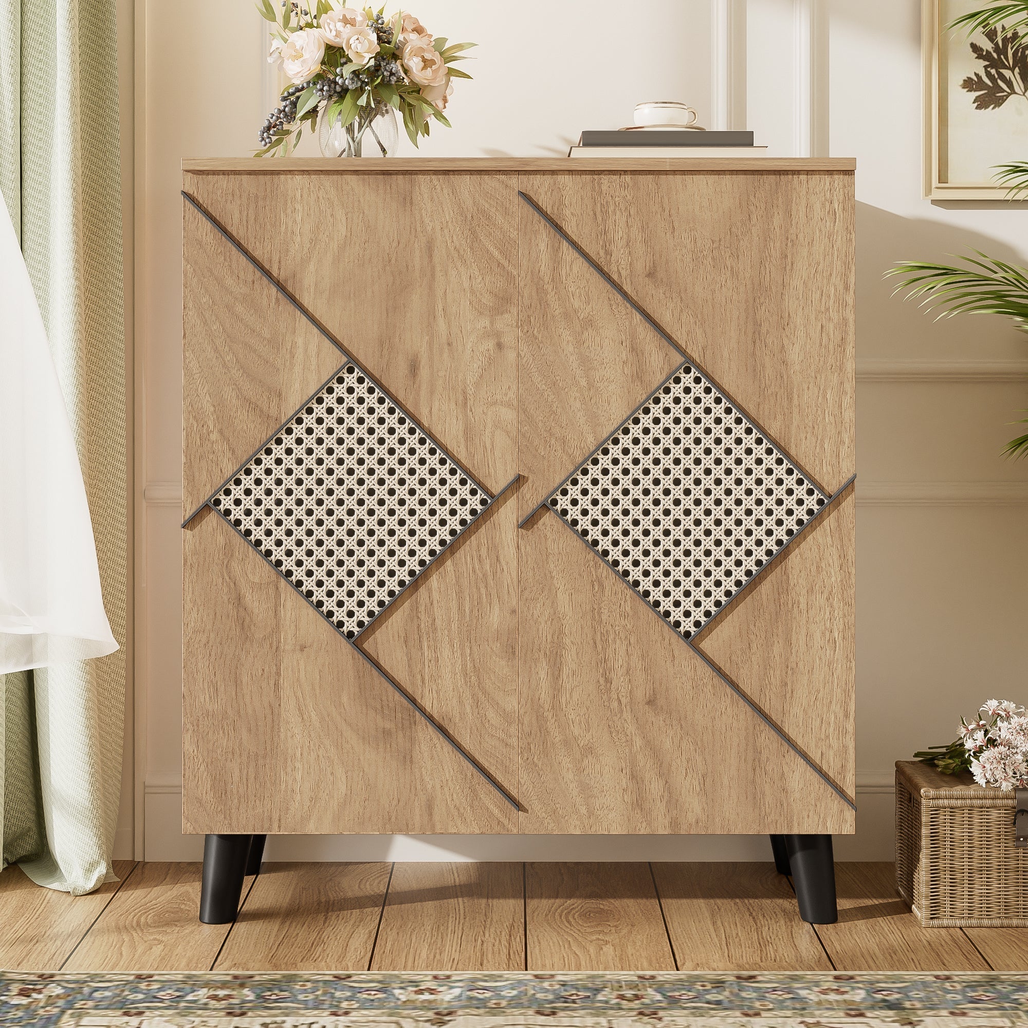 Shoe Cabinet Modern Rattan Pattern Storage 80x32x91cm