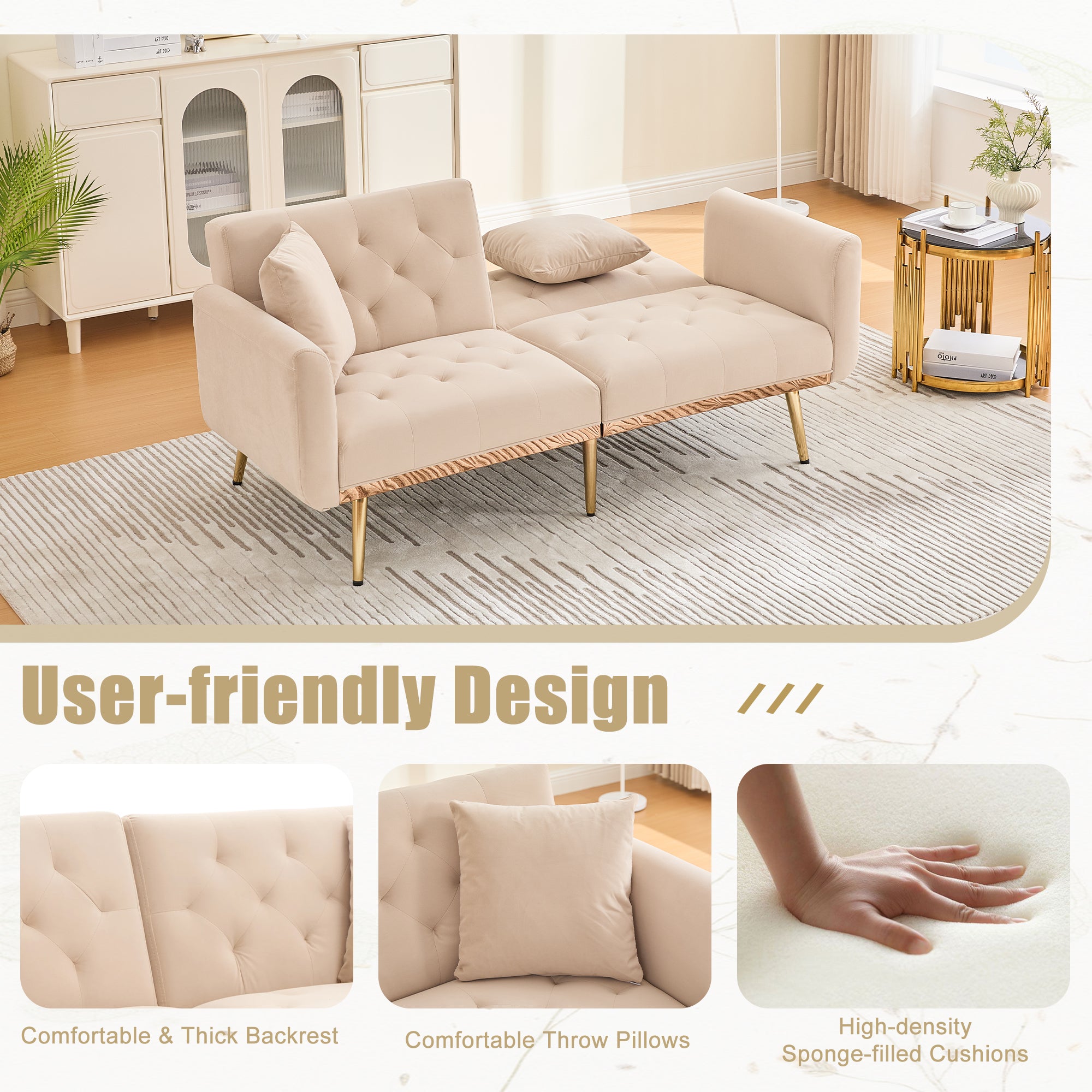 GOMYWAY 2-Seater Sofa 3-Speed Adjustable Backrest Gold Metal Legs Velvet