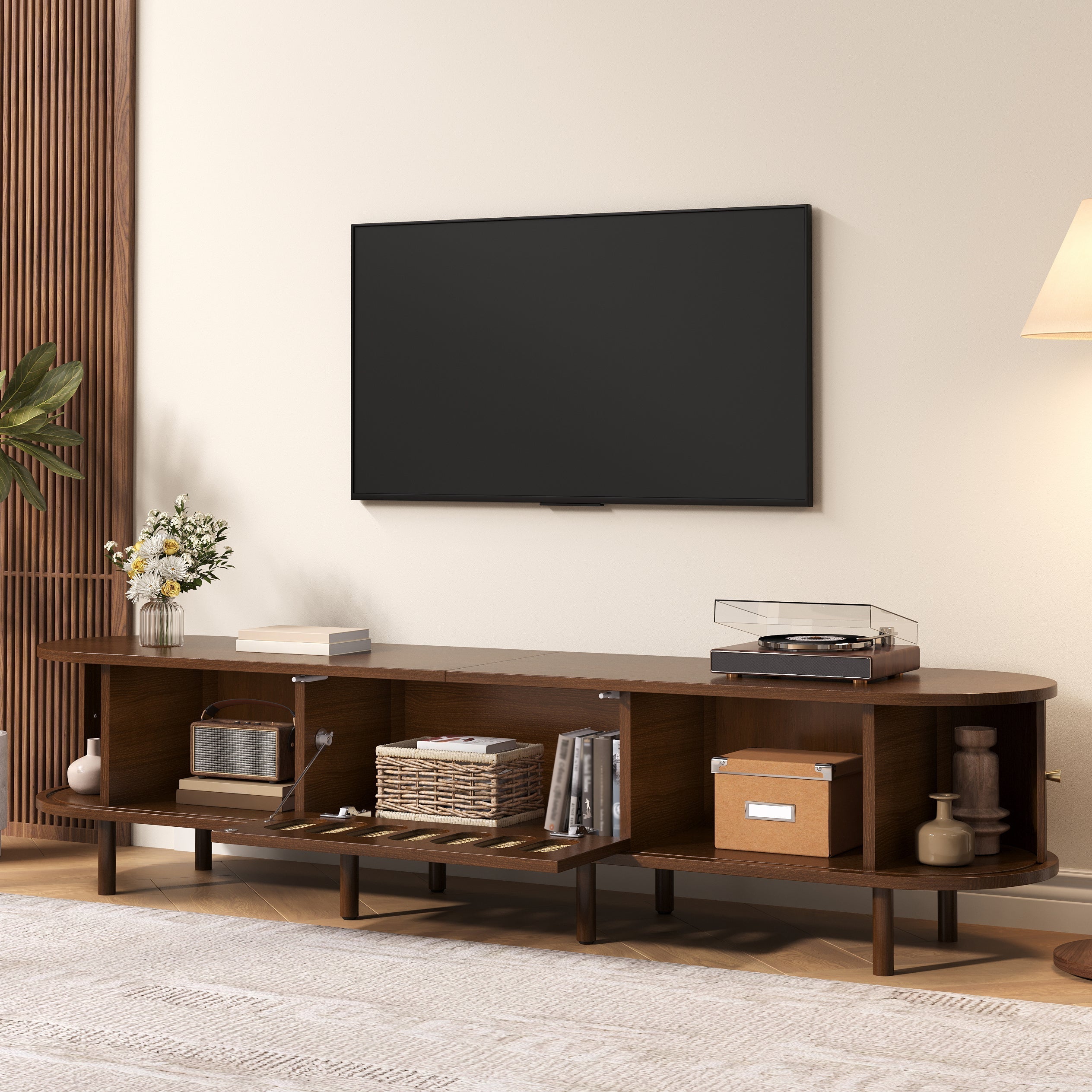 Oval TV Stand with Roll-Up Doors and Rattan Design, Dark Walnut MDF