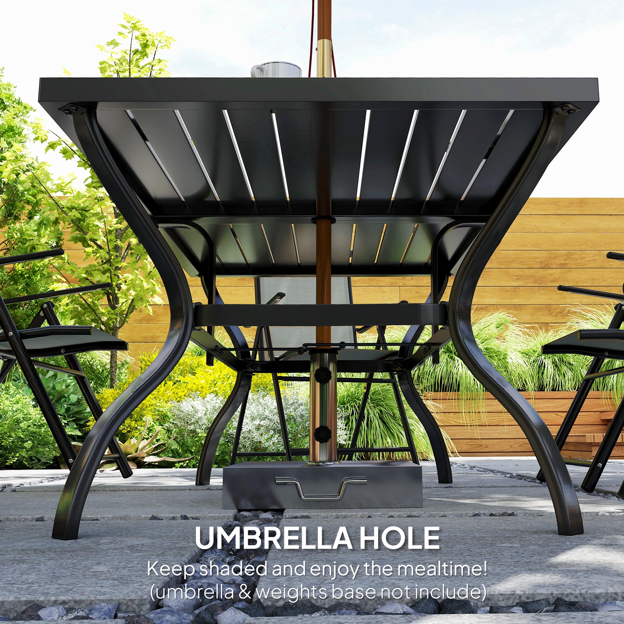 Seven-Piece Dining Set, Parasol Hole, Steel, Grey