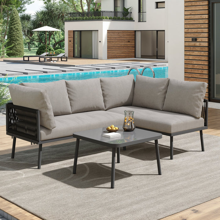 Garden Lounge Set L-Shaped 2 Sofas 1 Table Adjustable Feet Grey Rope/Iron