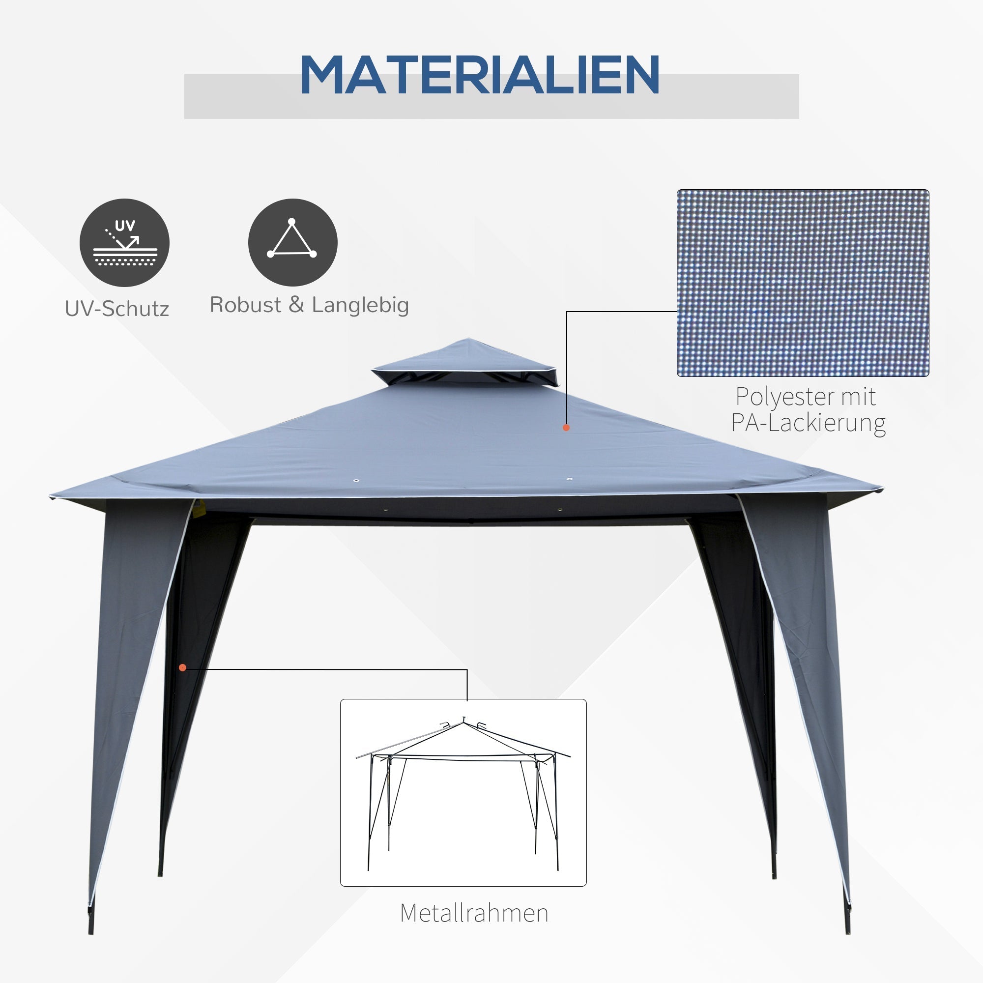 Pavillon Partyzelt, Doppeldach 3.45x3.45m, Metall Polyester Grau