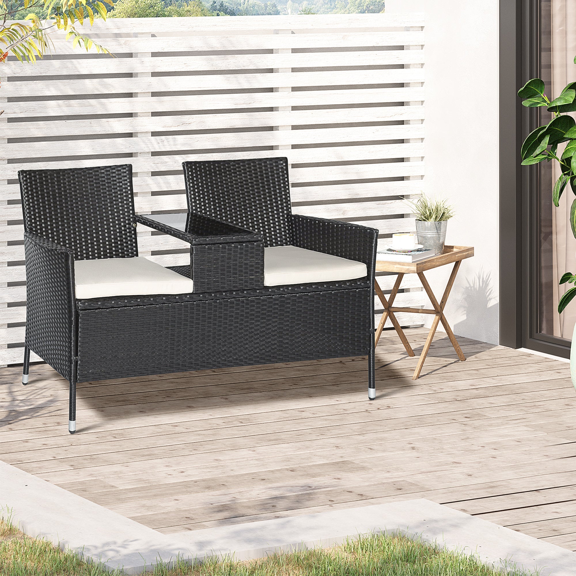 Polyrattan Garden Bench with Table, 2-Seater, Steel, Black