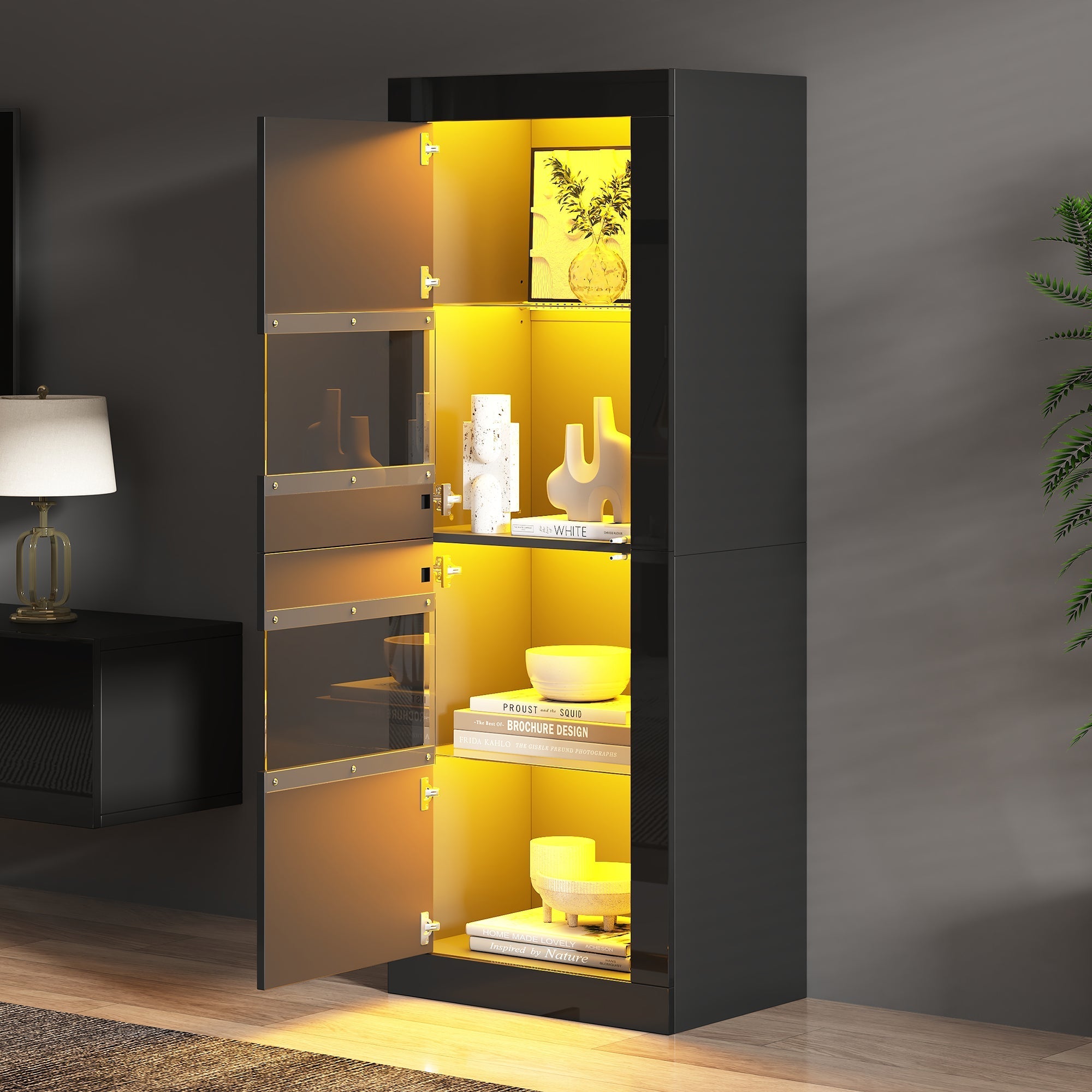 Display Cabinet with LED Lighting and Glass Shelf, High-Gloss Black