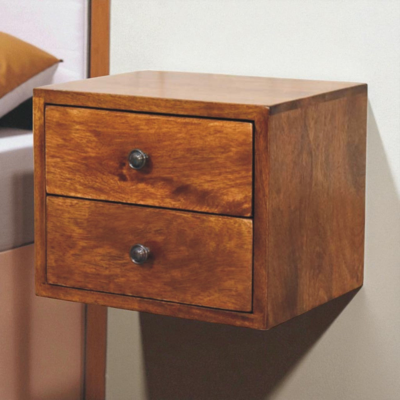 Solis Chestnut Nightstand, Wall Mounted 2 Drawers, Solid Wood Dark Brown