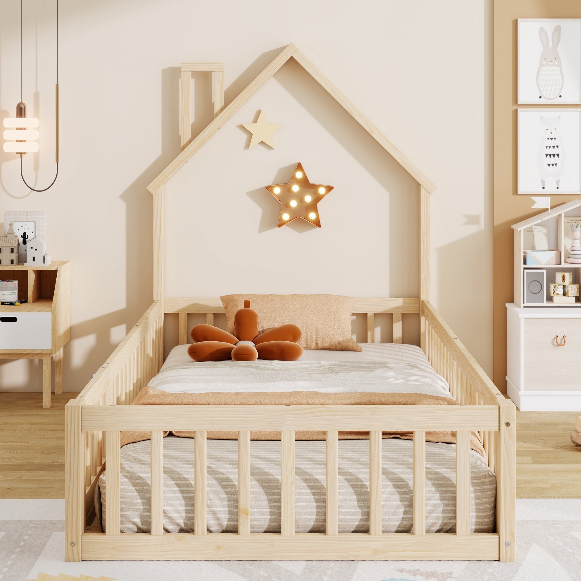 House Bed with Chimney Shape and Slatted Base, 90x200cm, Natural Pine Wood