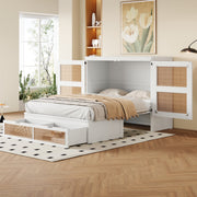 Wall Bed 140x200cm, Vertical with Slatted Frame & Storage Drawers, Rattan Design White