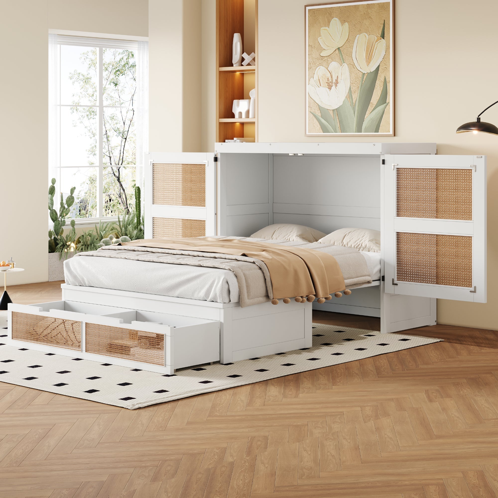 Murphy Bed with Rattan Cabinet Doors and Integrated Storage, White