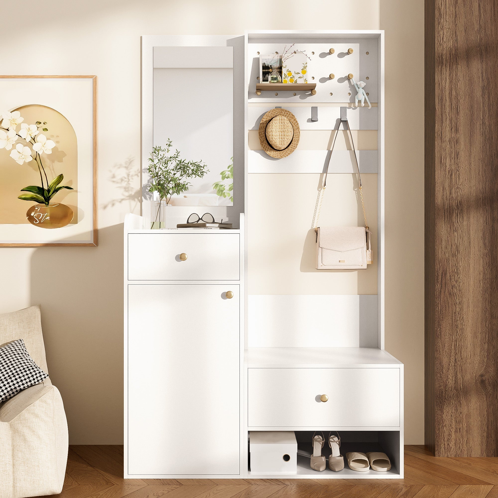 Compact Wardrobe, Entryway Shelf with Mirror, Adjustable Hooks, Shelves, 105 cm, White